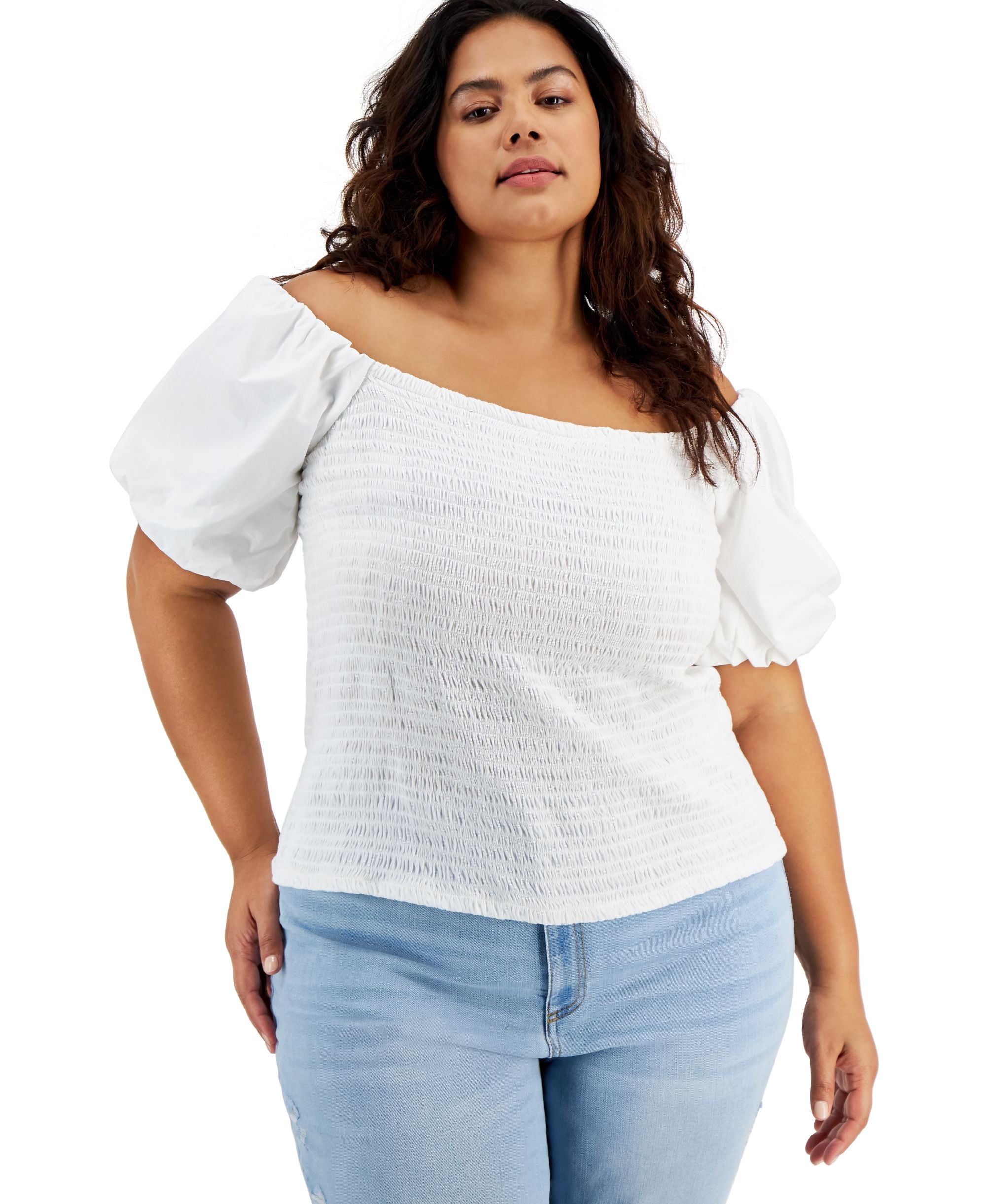 INC International Concepts Plus Size Smocked Off The Shoulder Top