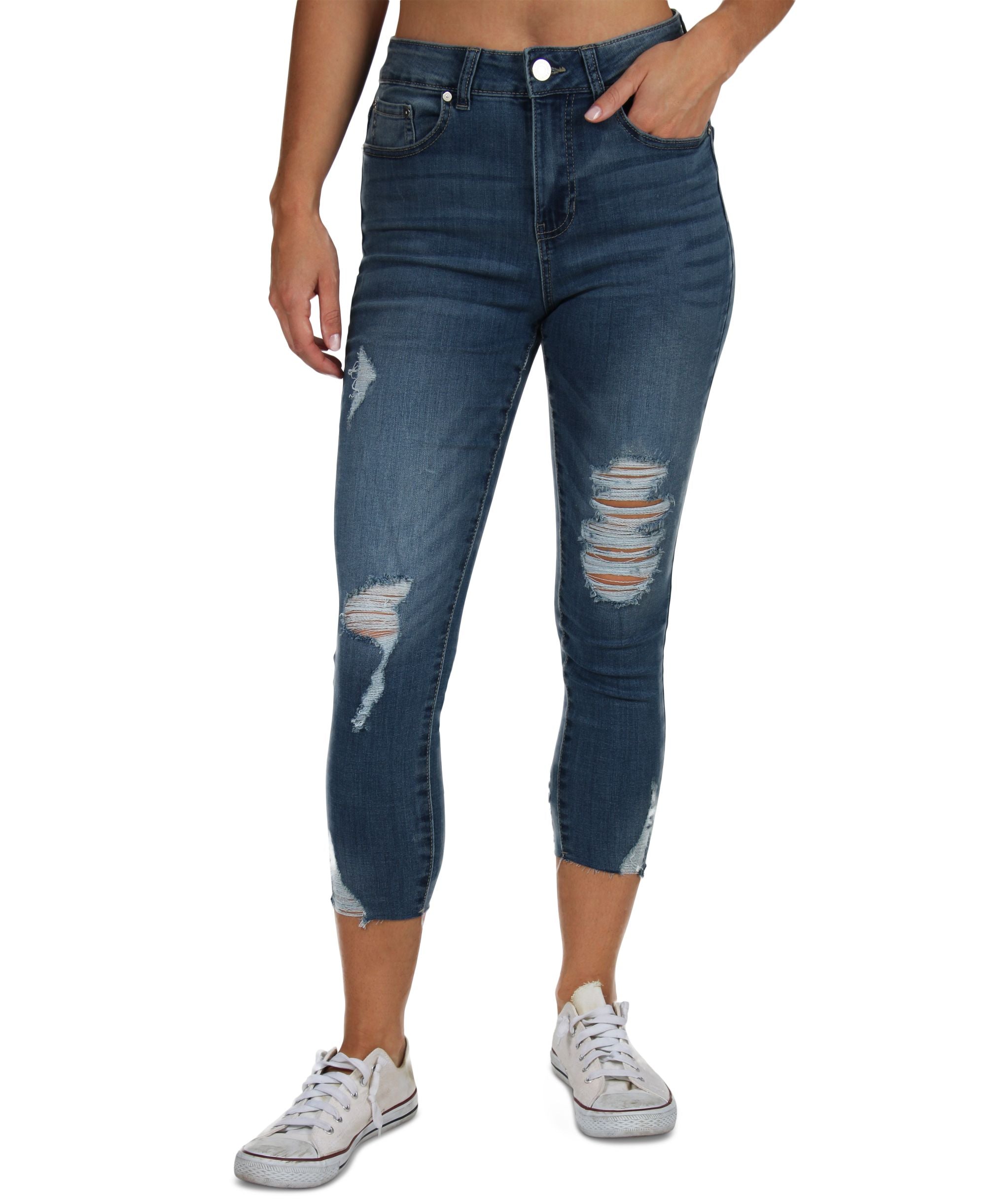 Juniors' High Rise Distressed Cropped Skinny Jeans