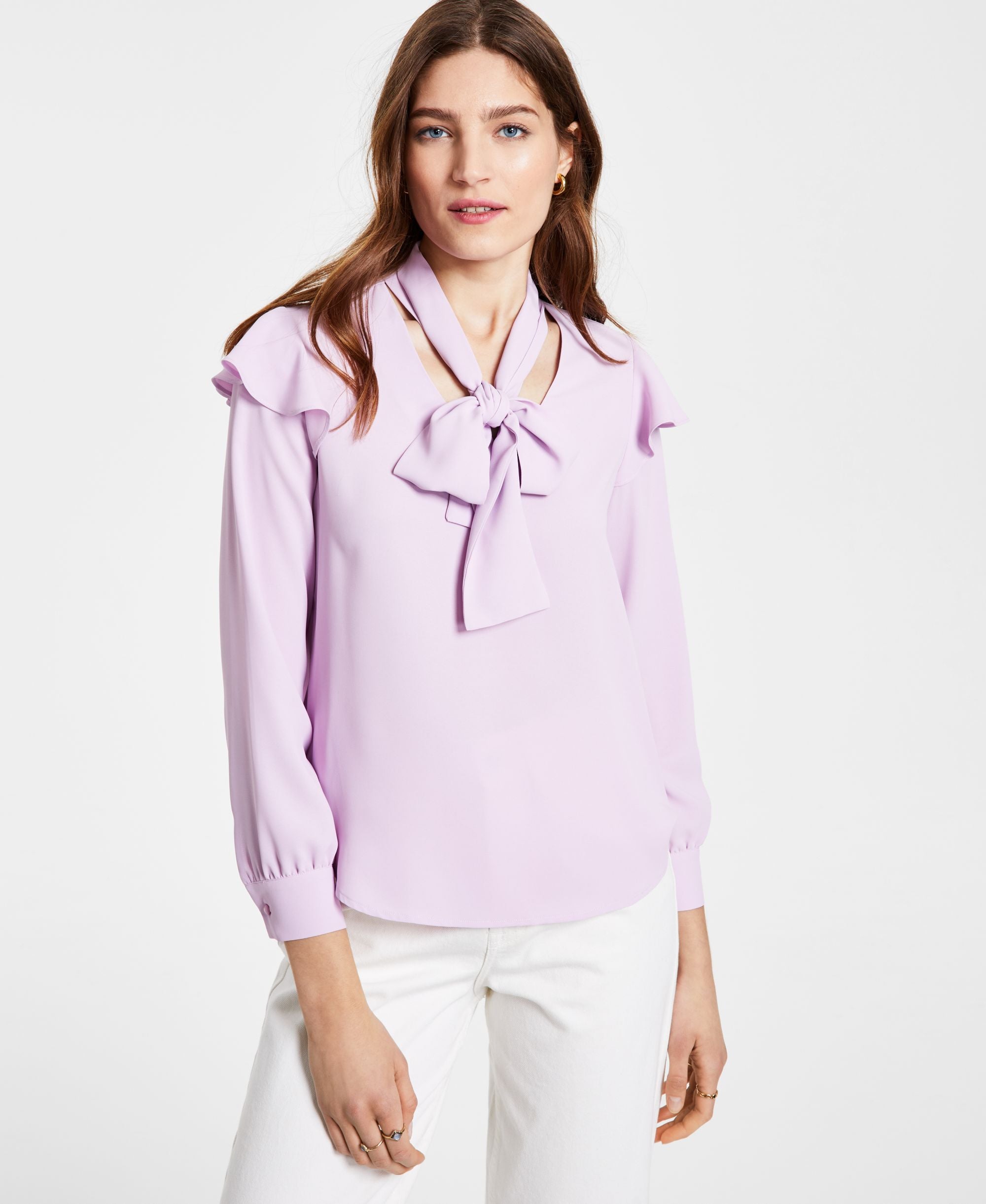 Bar III Bow Neck Ruffled Shoulder Blouse