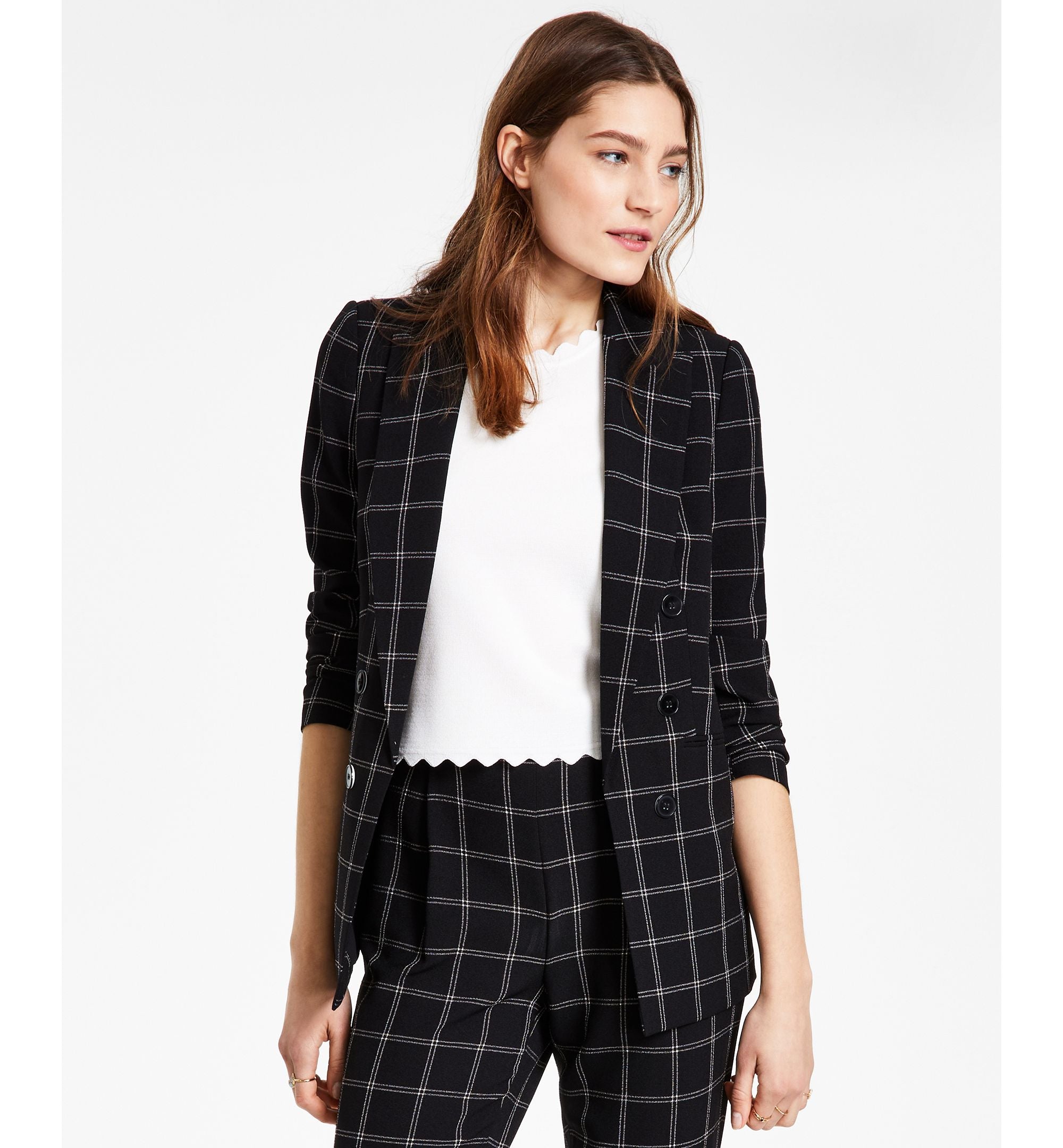 Women's Windowpane Print Open Front Jacket