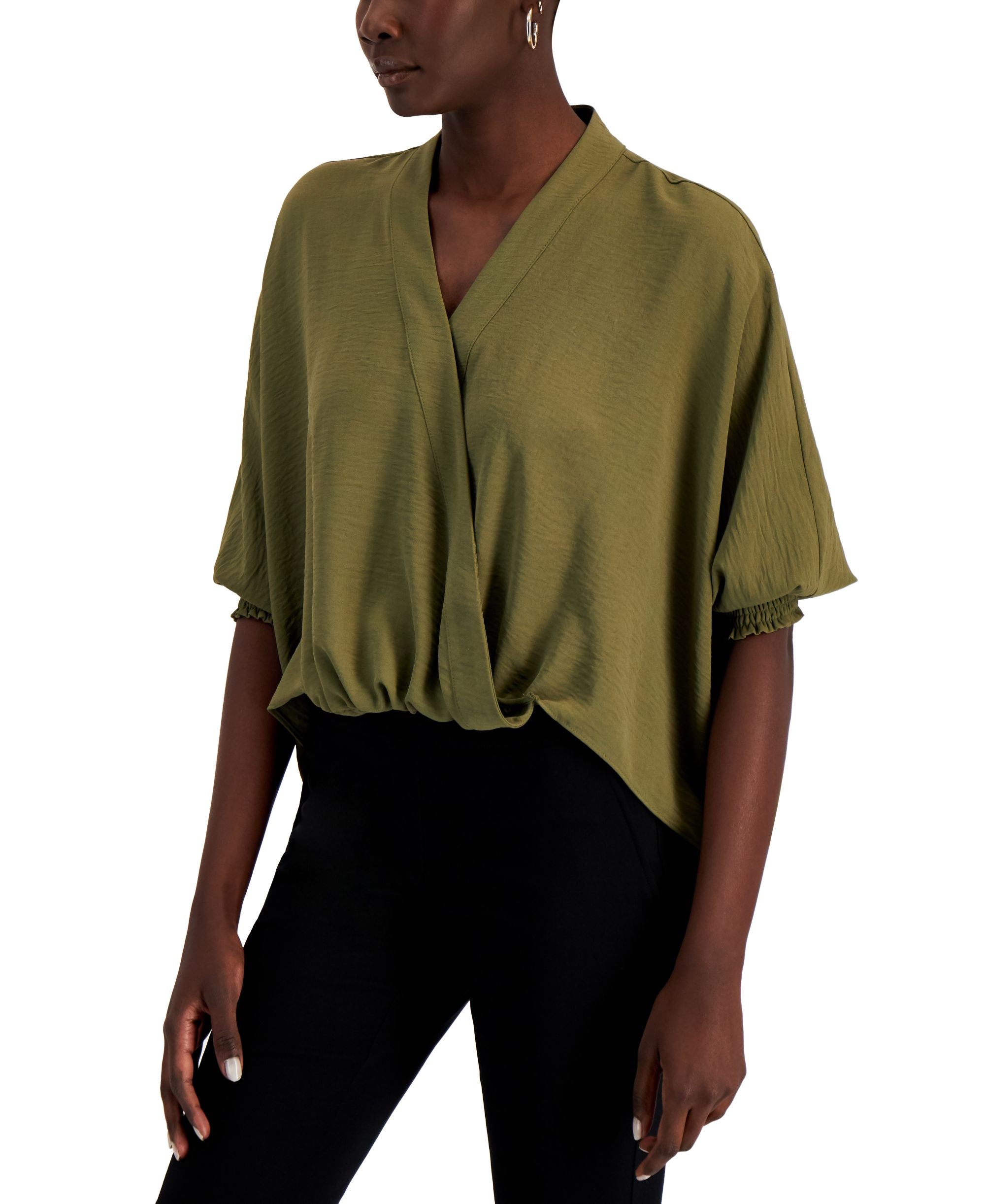 Faux-Wrap Smocked-Cuff Top