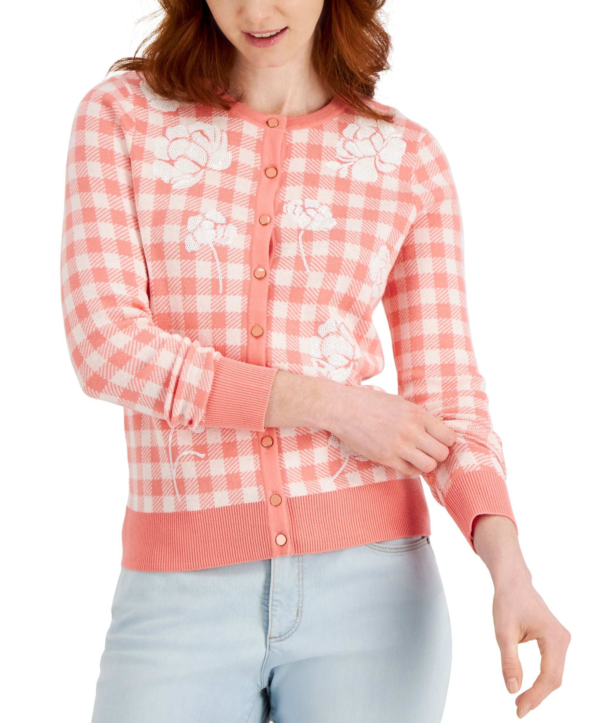 Charter Club Gingham Embroidered Button Cardigan