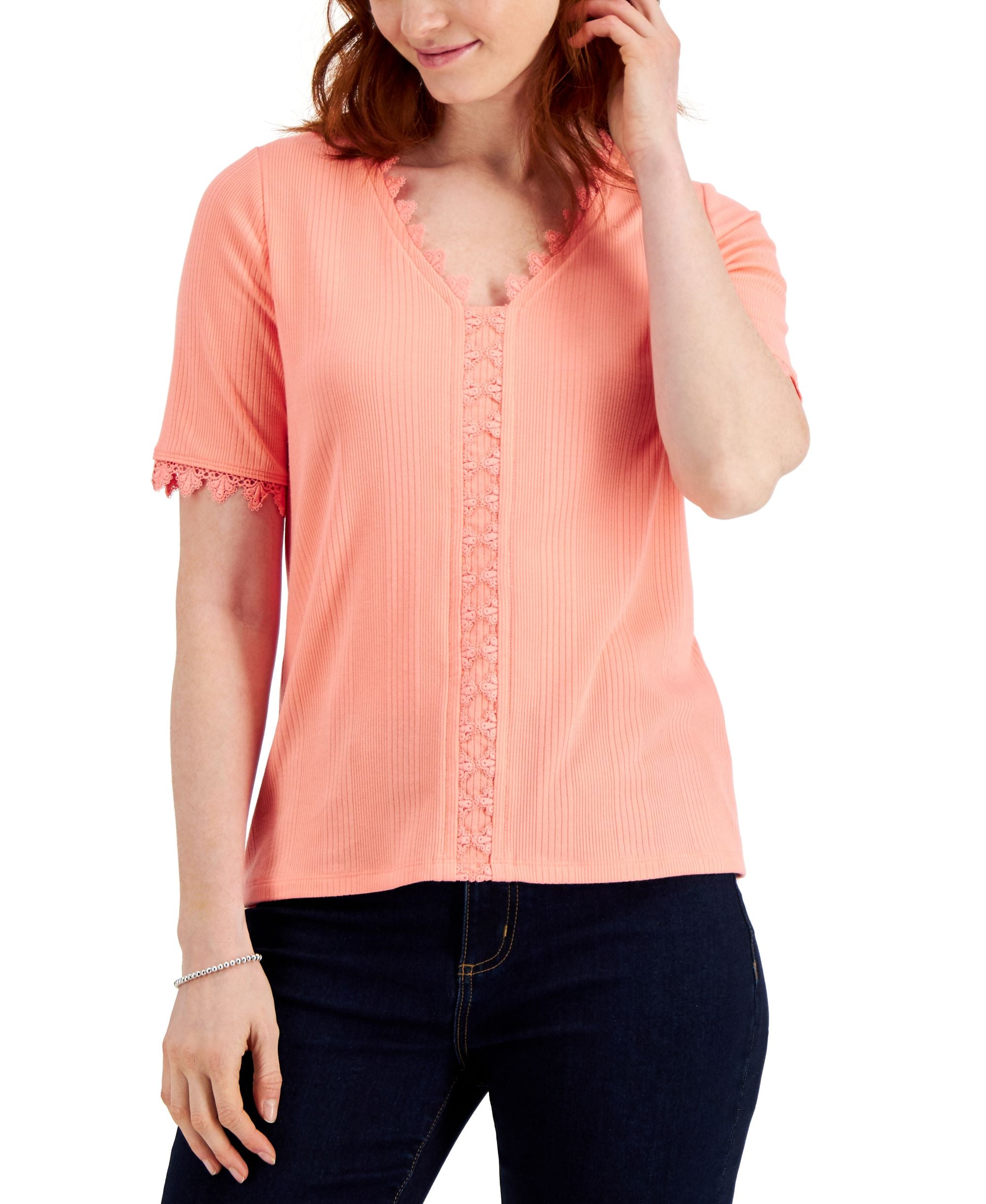 Charter Club Lace-Trimmed V-Neck Top