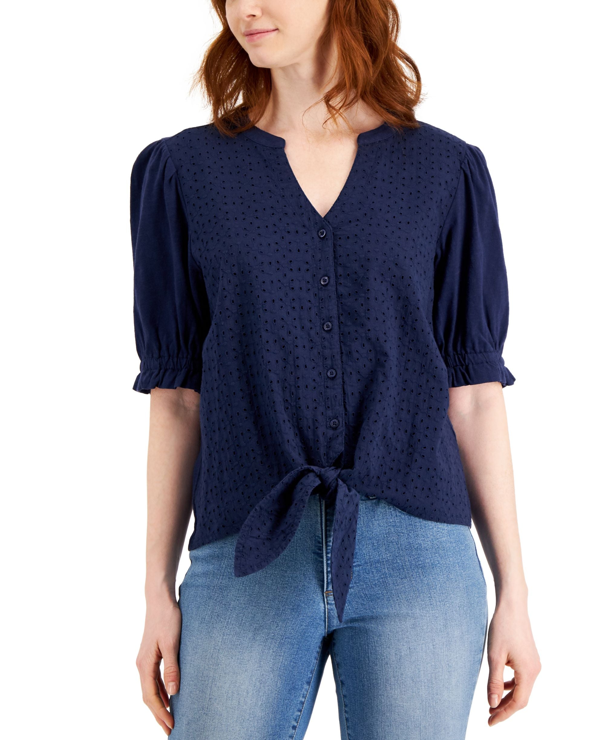 Charter Club Petite Tie Front Cotton Eyelet Top