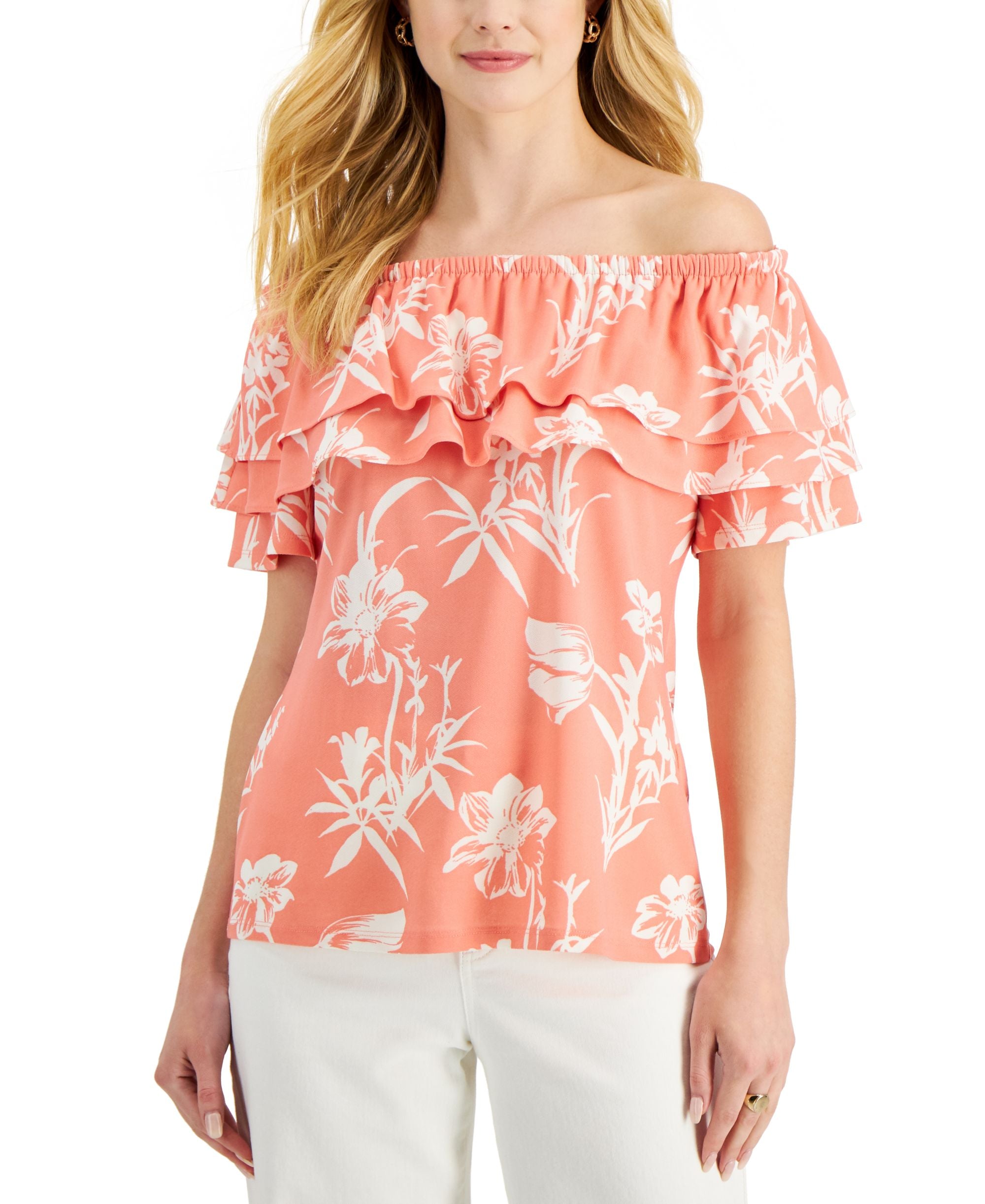 Charter Club Womens Printed Off The Shoulder Ruffled Knit Top