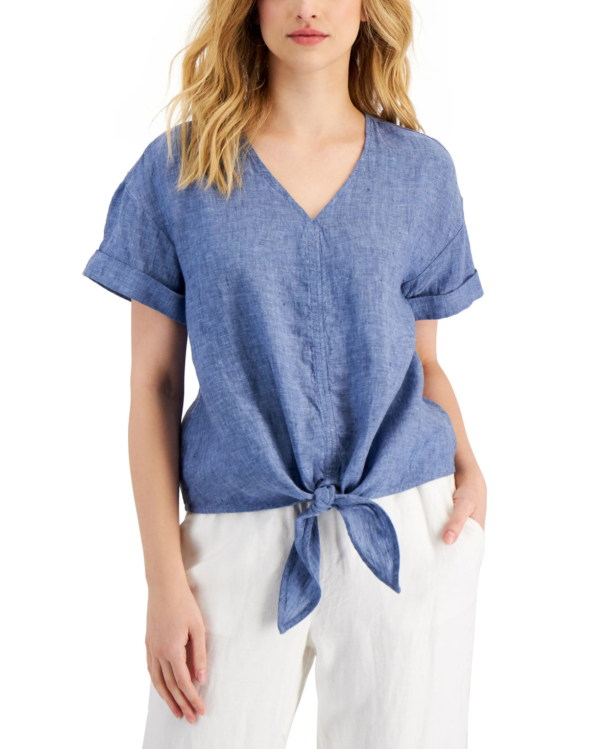 Charter Club Linen Tie-Front Top