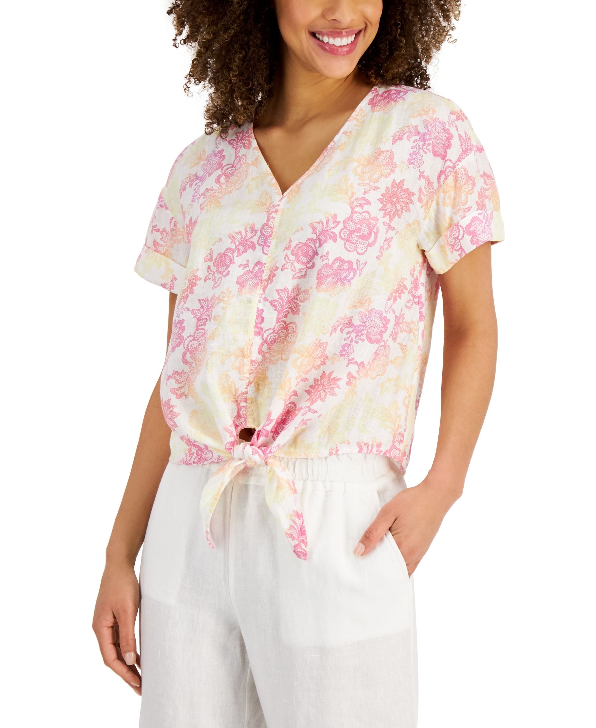 Charter Club Linen Printed Tie Front Top