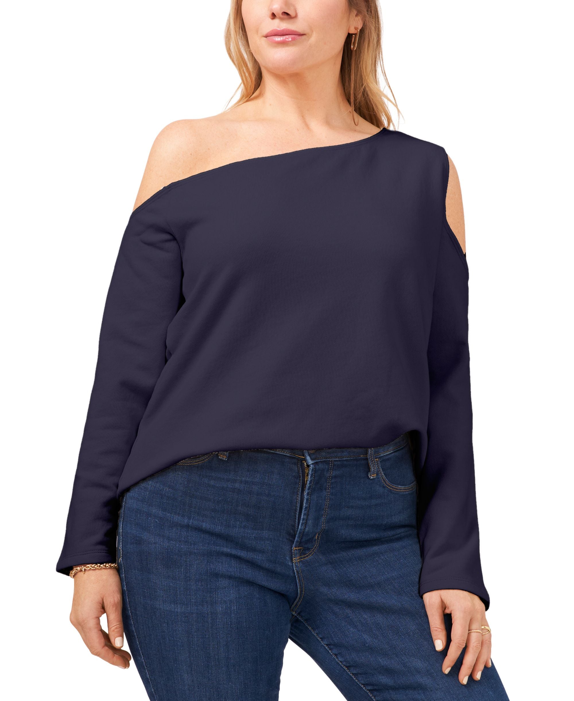 1.State Plus Size Asymmetrical Cold Shoulder Fleece Sweatshirt