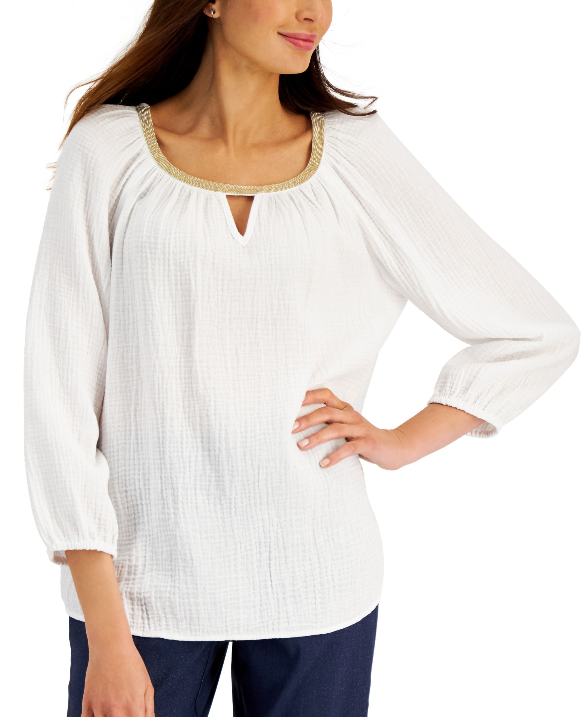 JM Collection Cotton Beaded Neck Top
