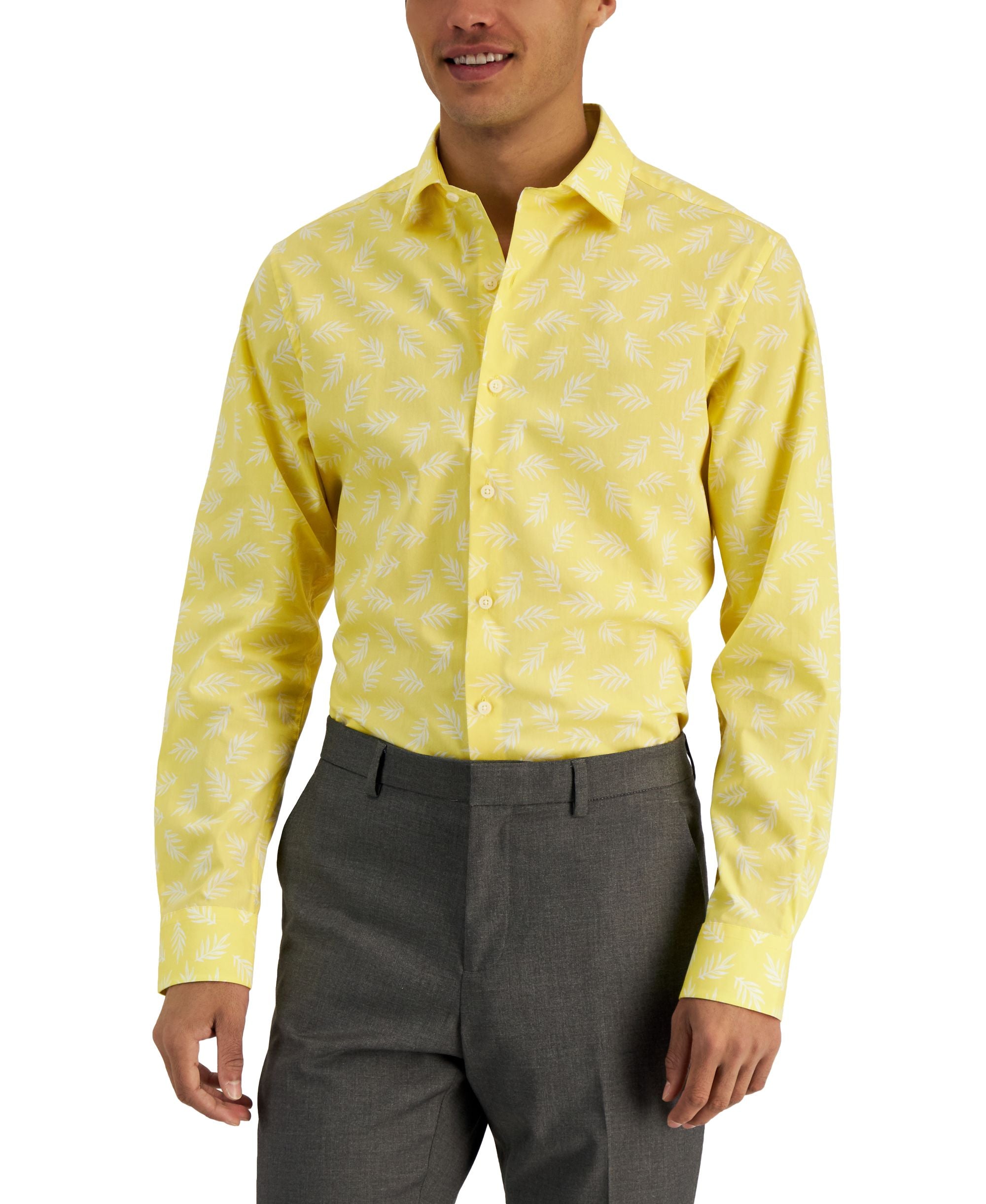 Bar III Mens Slim Fit Leaf Print Dress Shirt