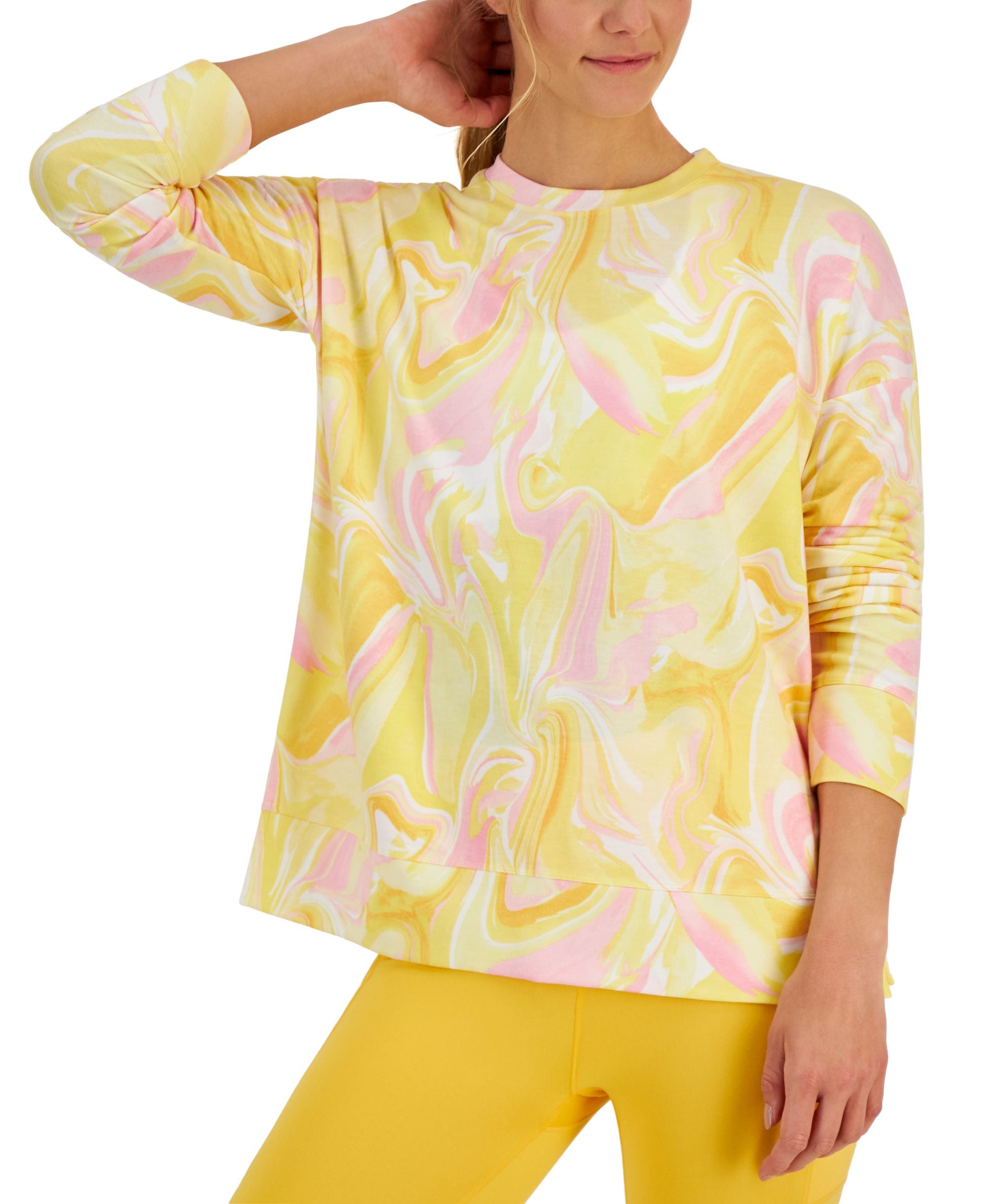 ID Ideology Womens Active Whirl-Print Side-Slit Relaxed Crewneck Sweatshirt