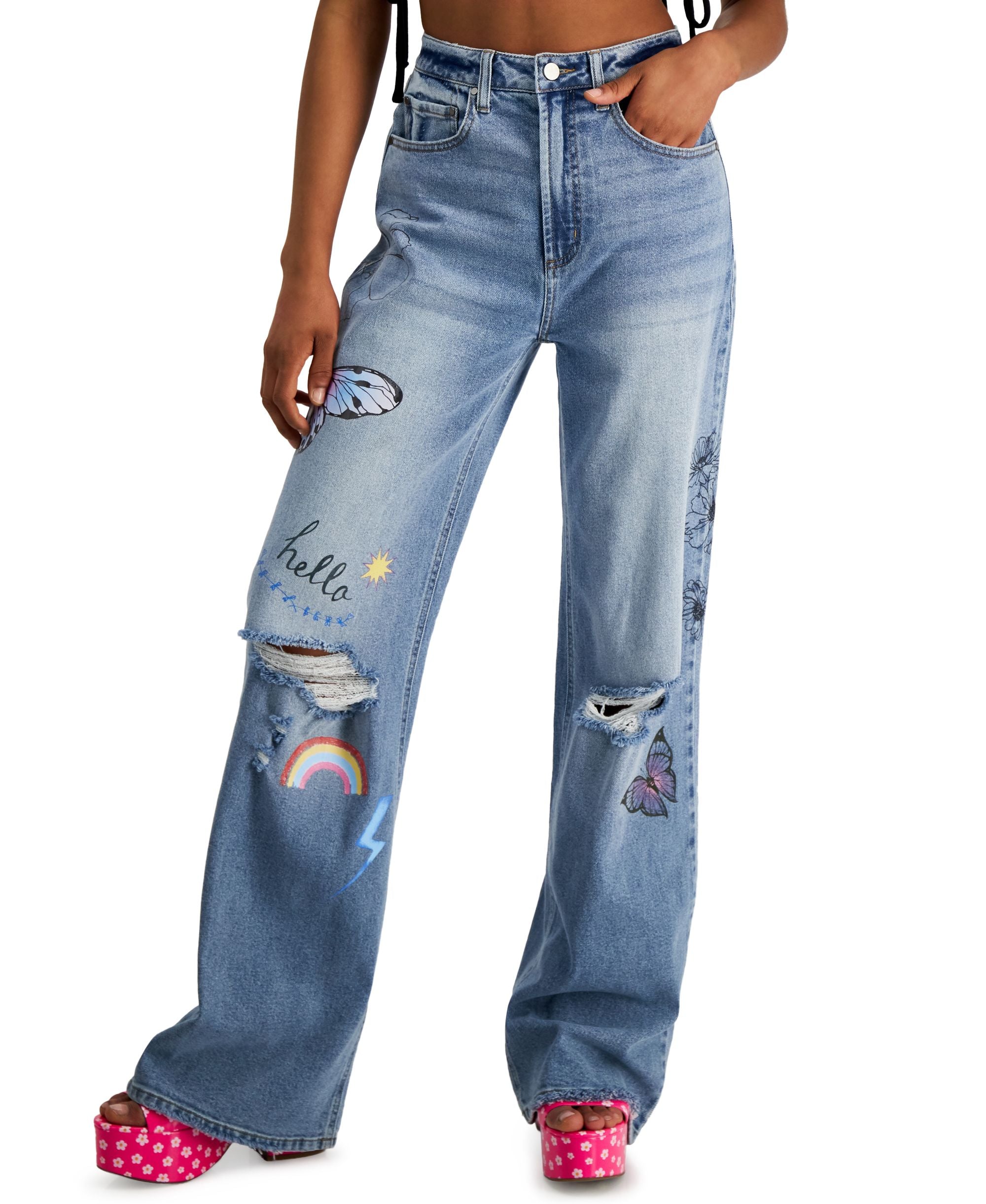 Juniors' Graphic Ripped Wide-Leg Jeans