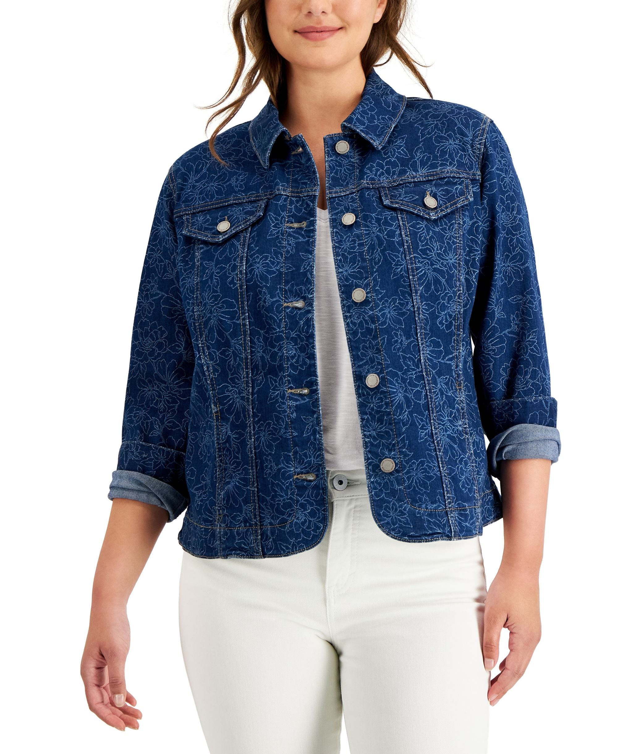 Charter Club Womens Floral Print Denim Jacket