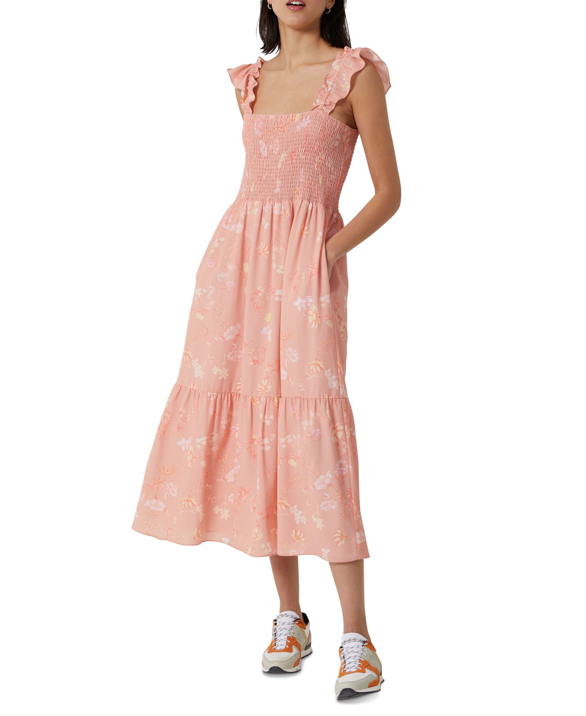 French Connection Smocked Printed Midi Dress