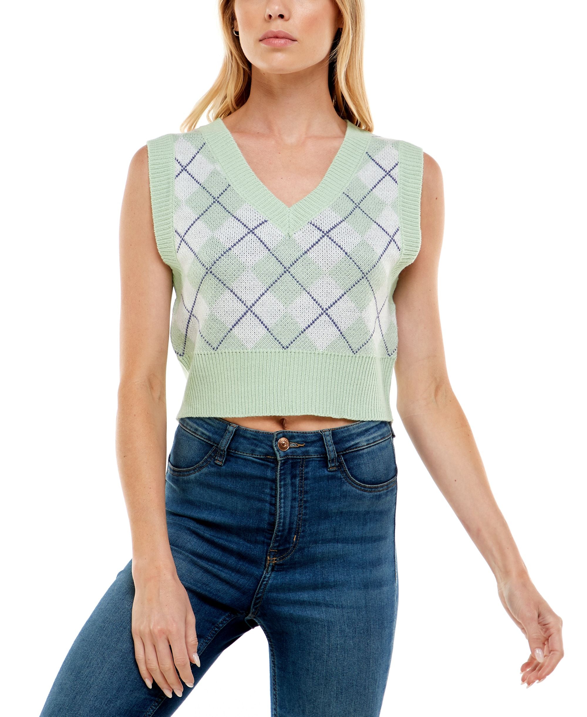 Juniors' Cropped Argyle Vest