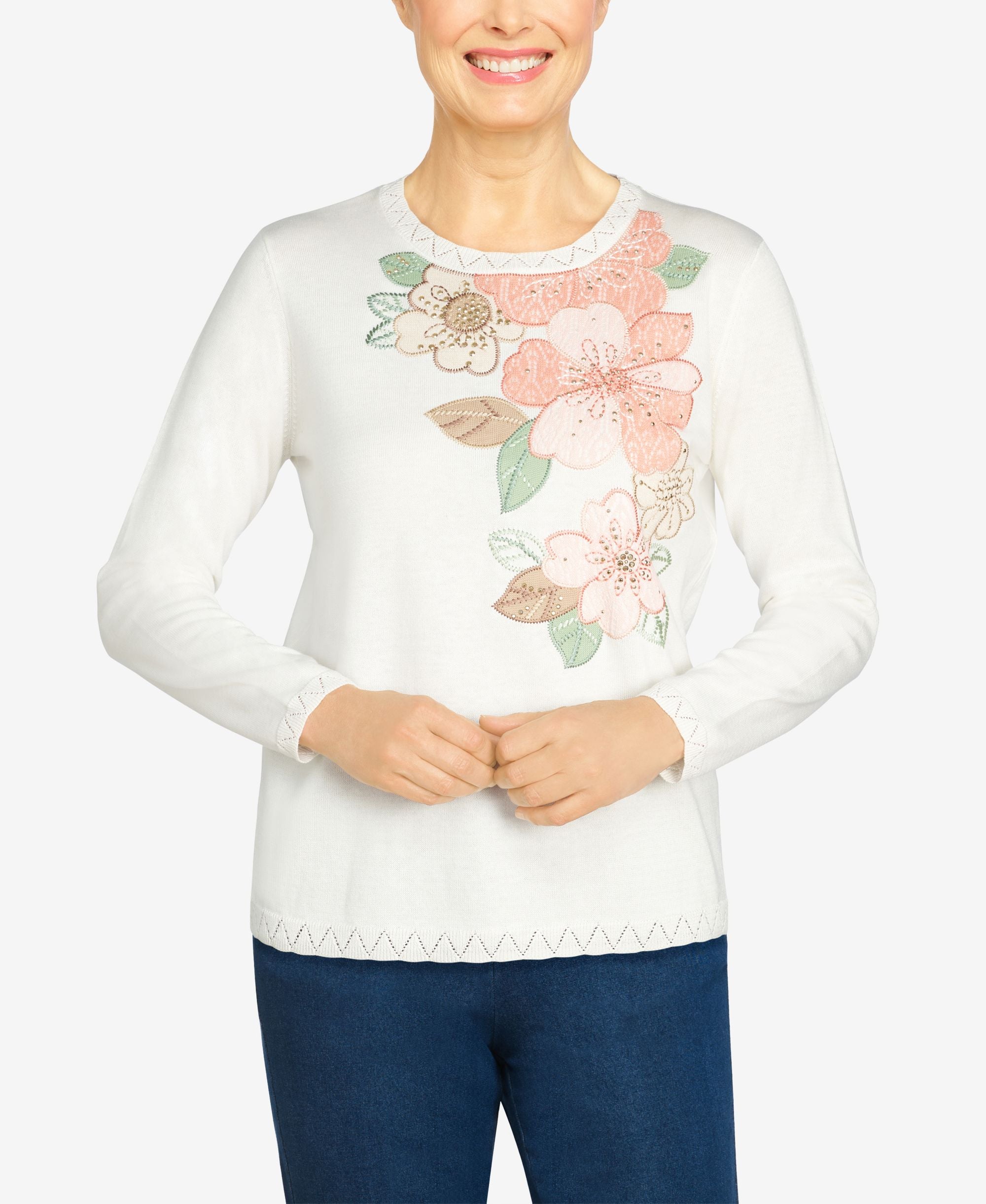 Plus Size Echo Canyon Floral Applique Yoke Sweater