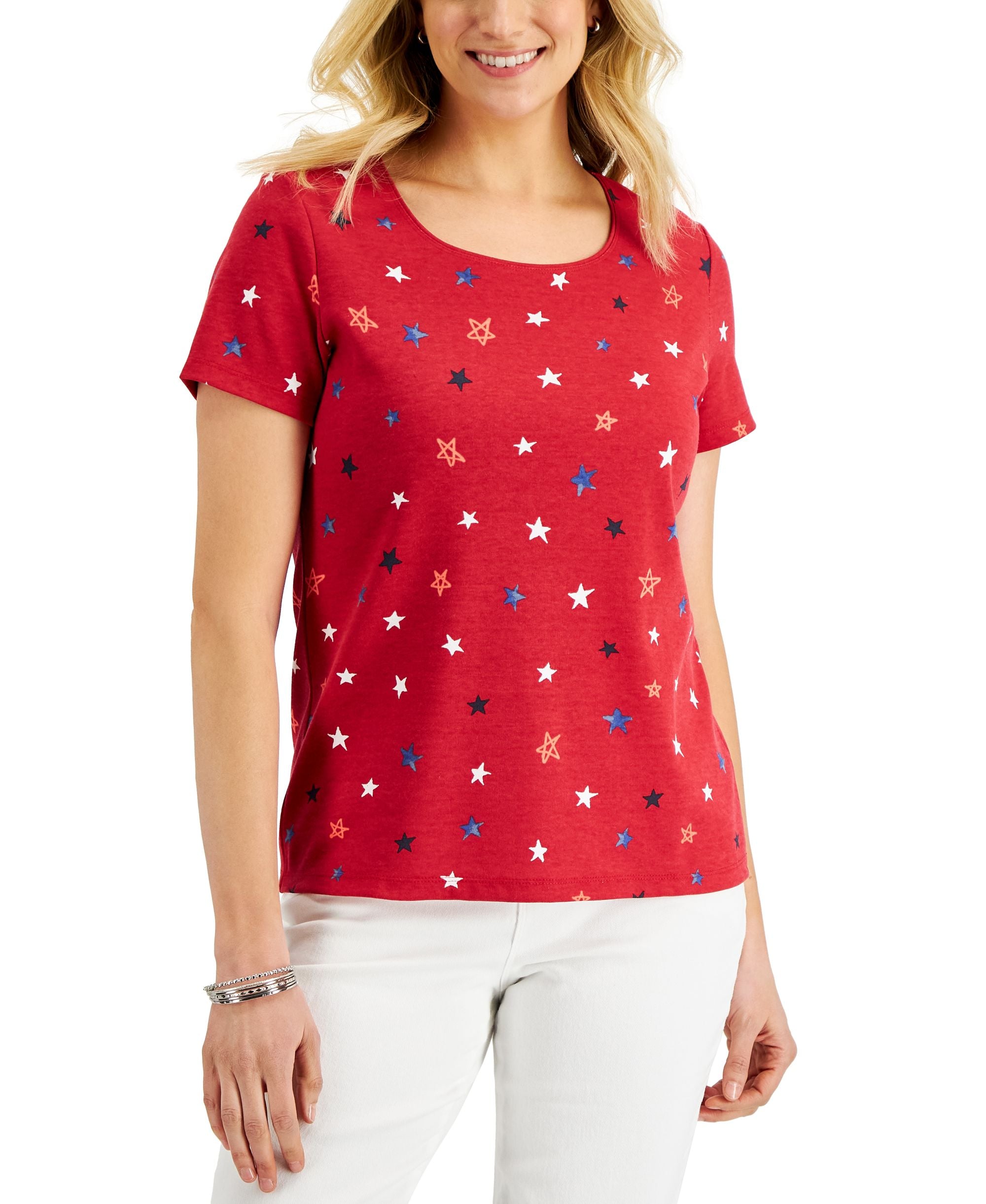Karen Scott Petite Short Sleeve Star Power Top
