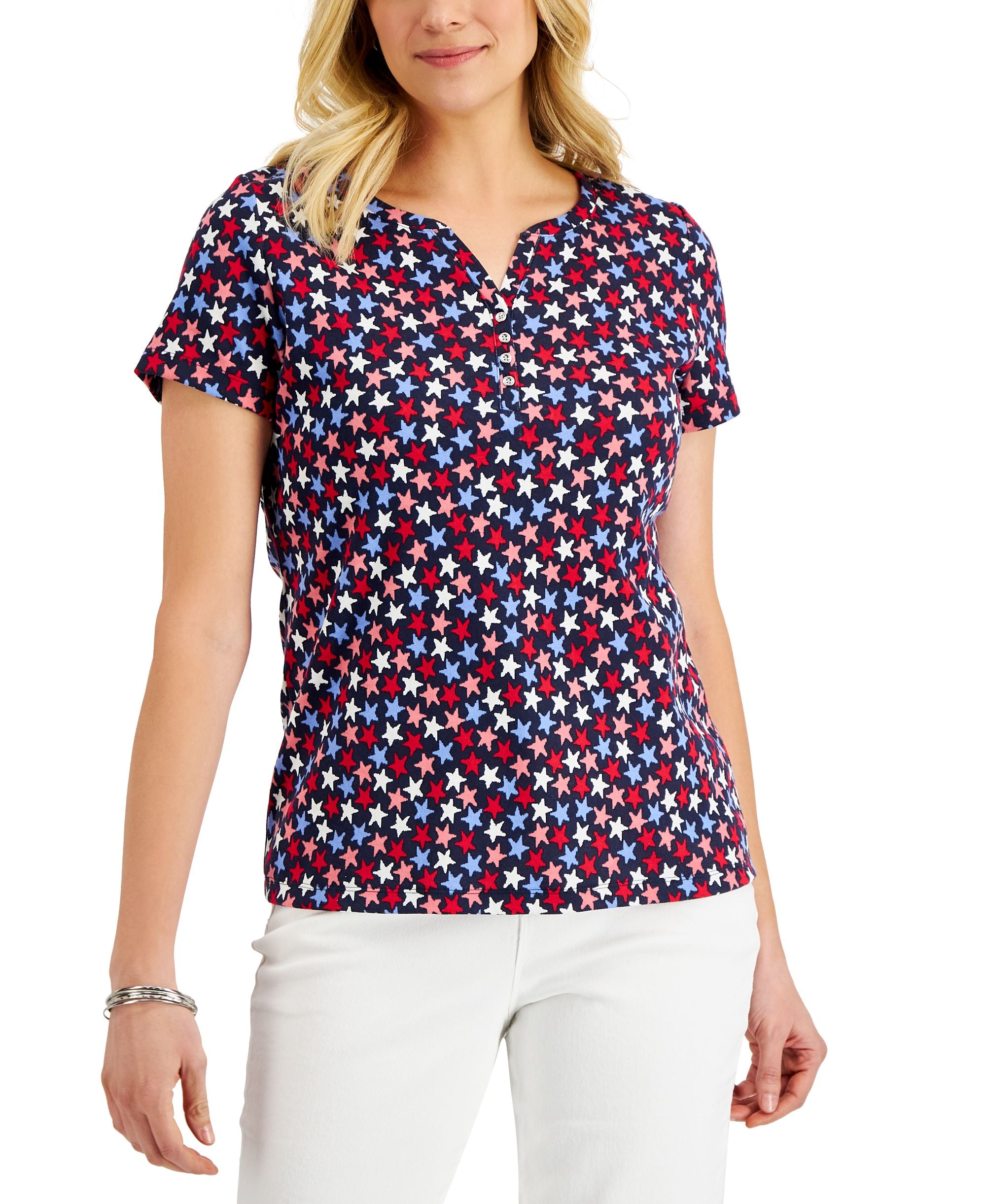 Karen Scott Petite Short Sleeve Star Henley Top