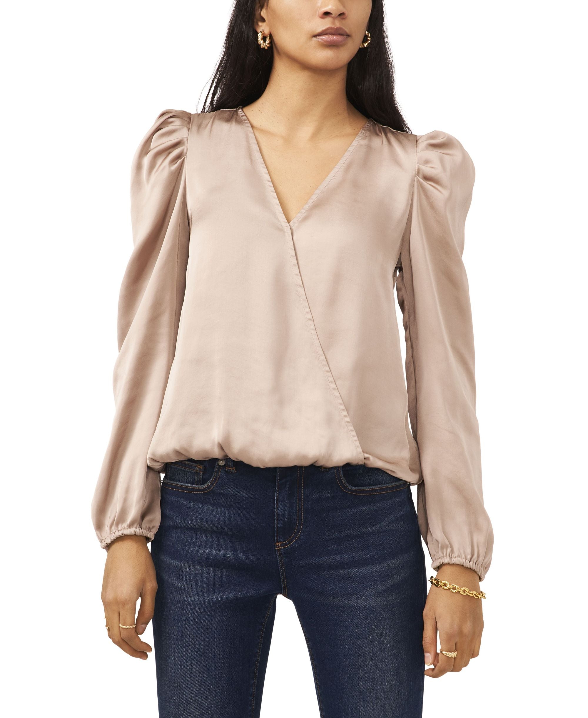 Sam Jess Womens Surplice Long Sleeve Puff Shoulder Top