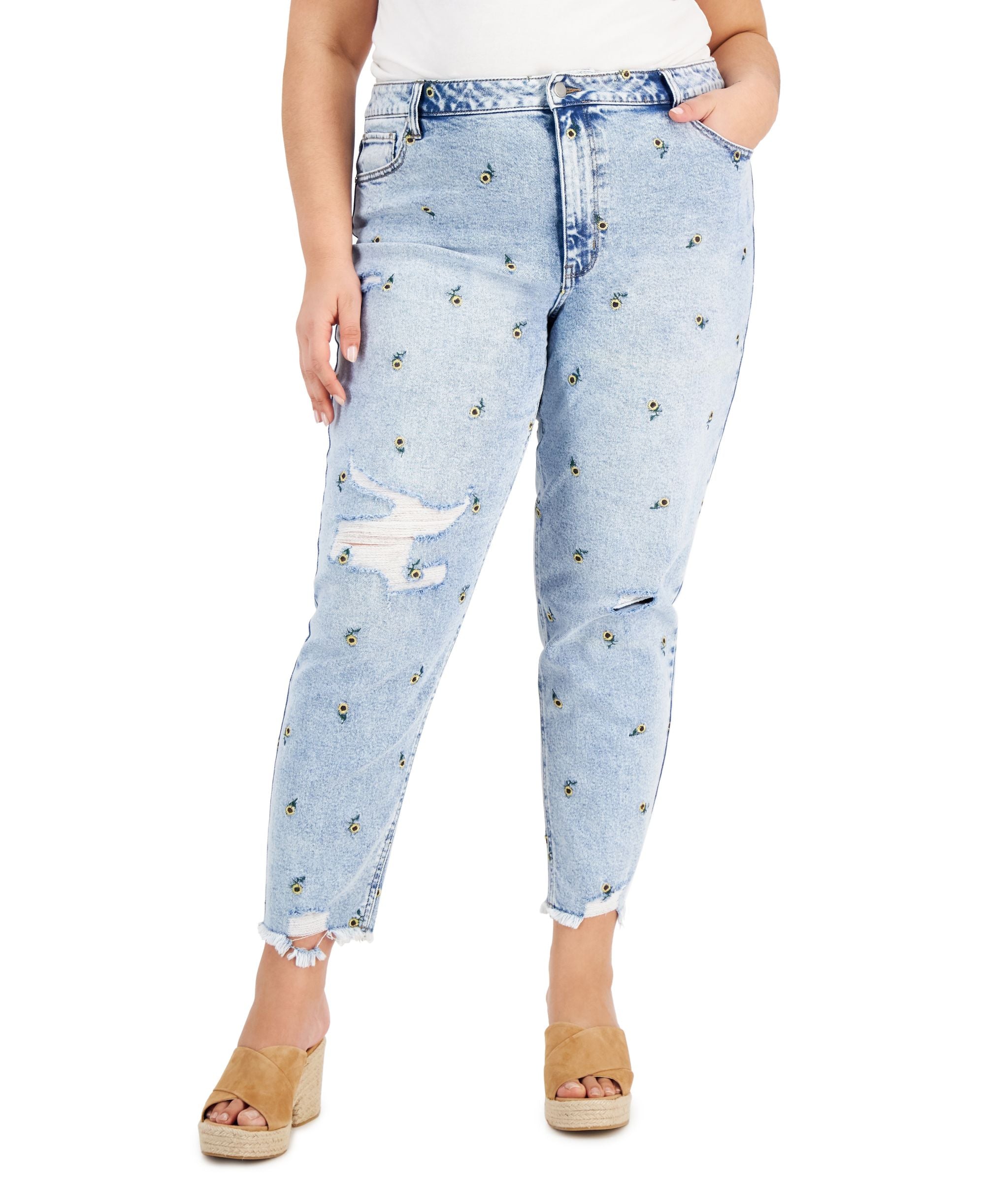 Tinseltown Trendy Plus Size Ripped Embroidered Mom Jeans