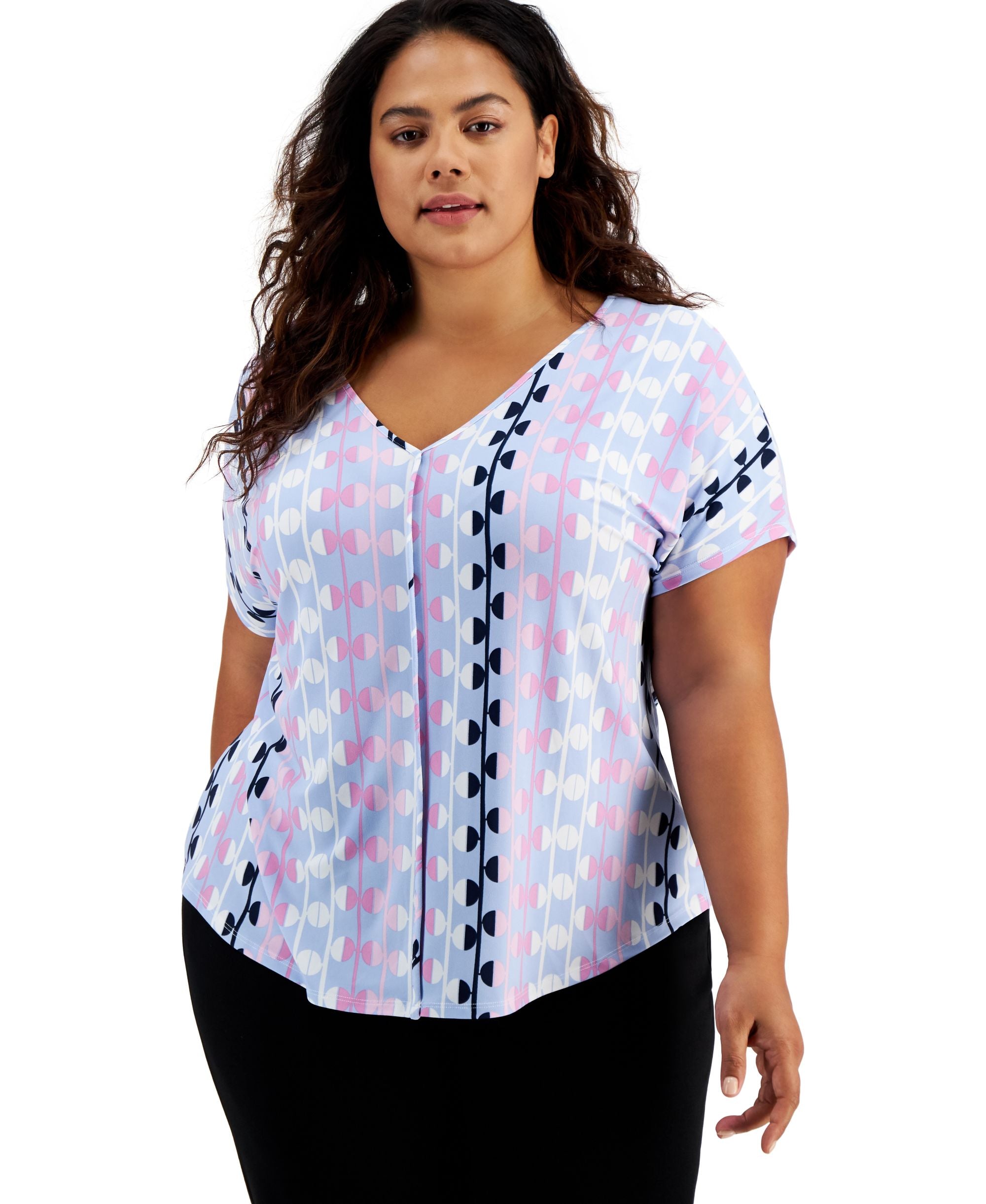 Bar III Plus Size Printed Seamed V Neck Top