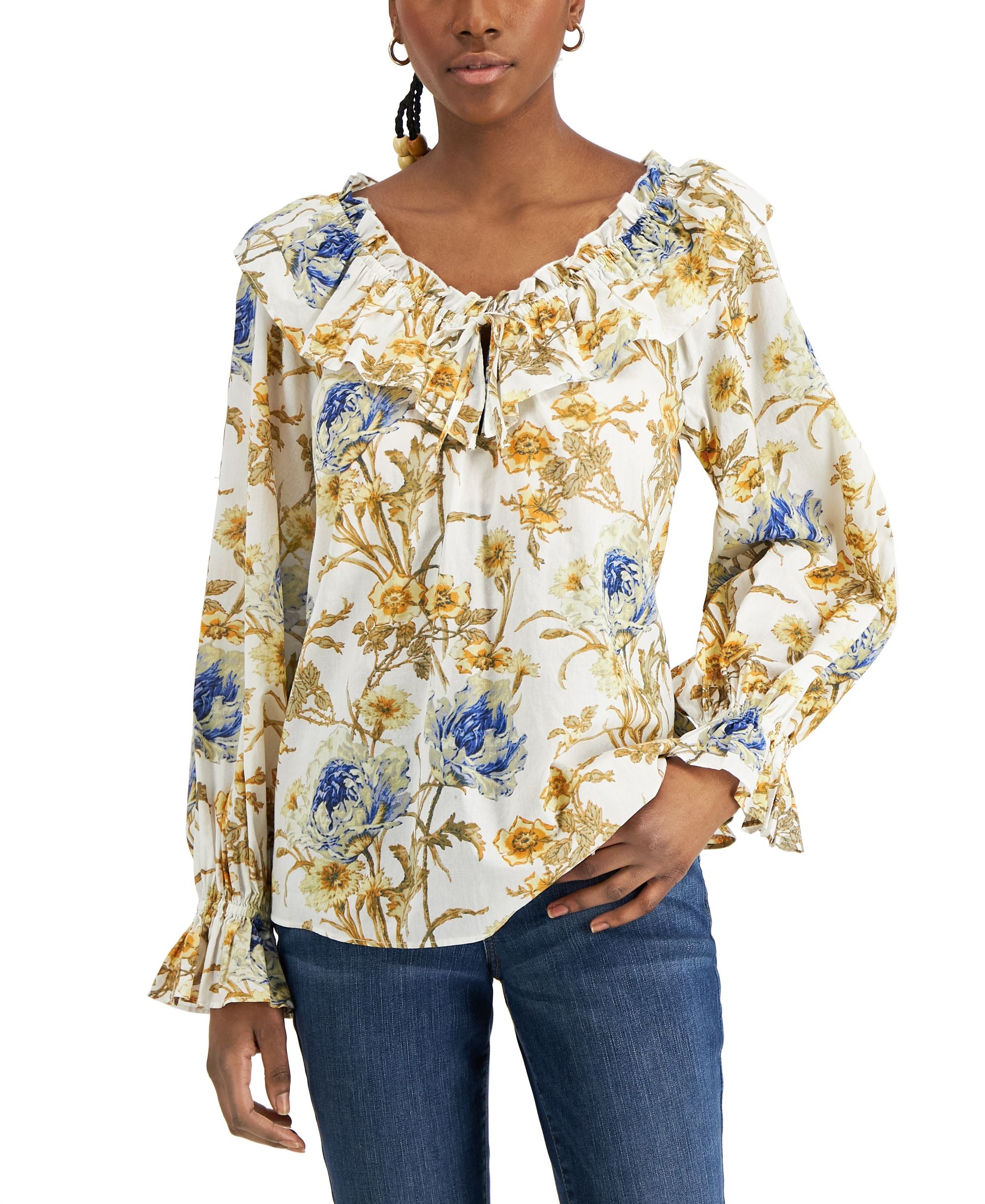 INC International Concepts Petite Floral Print Tie Front Ruffled Blouse