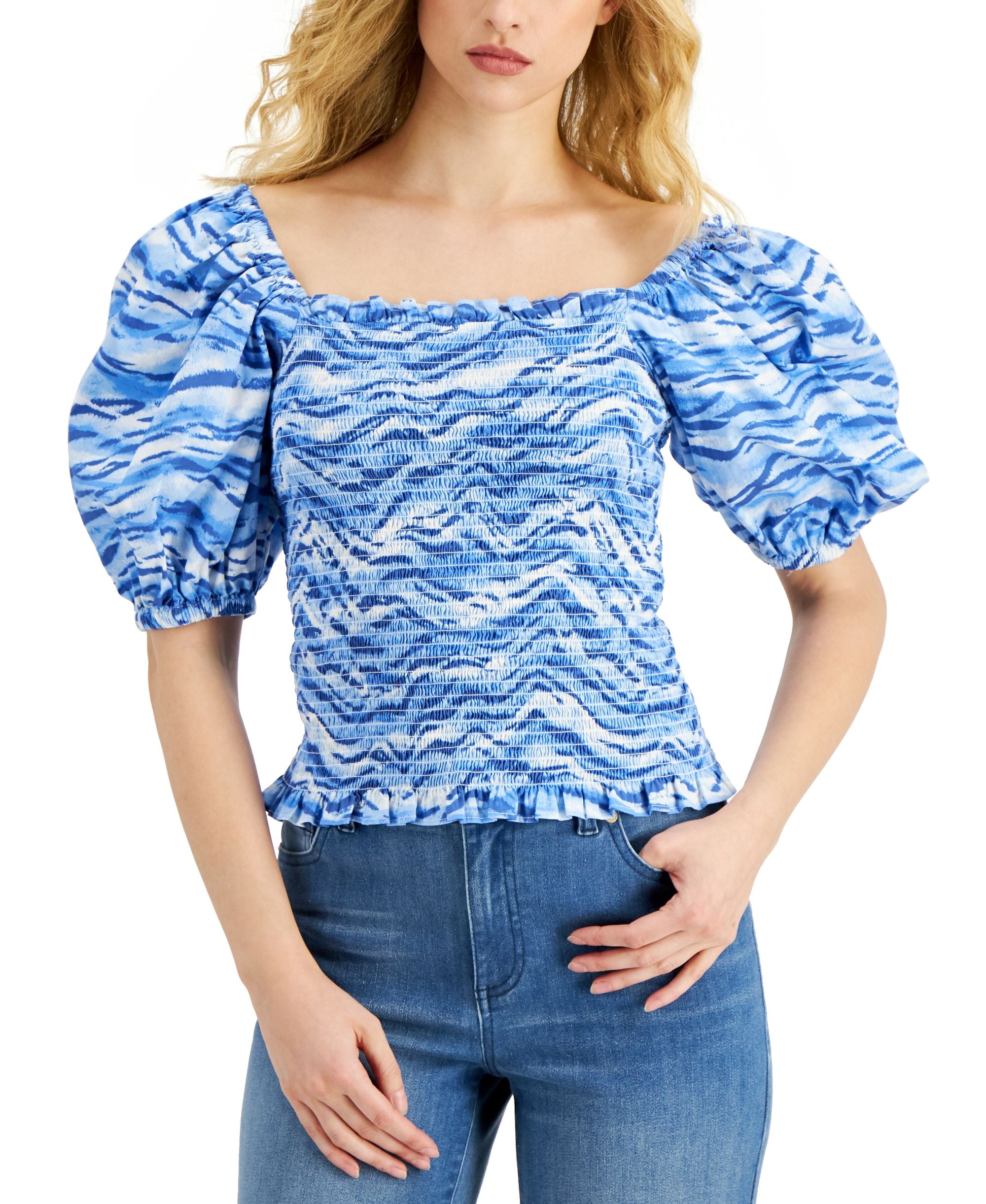 INC International Concepts Womens Tiger Stripe Printed Smocked Top
