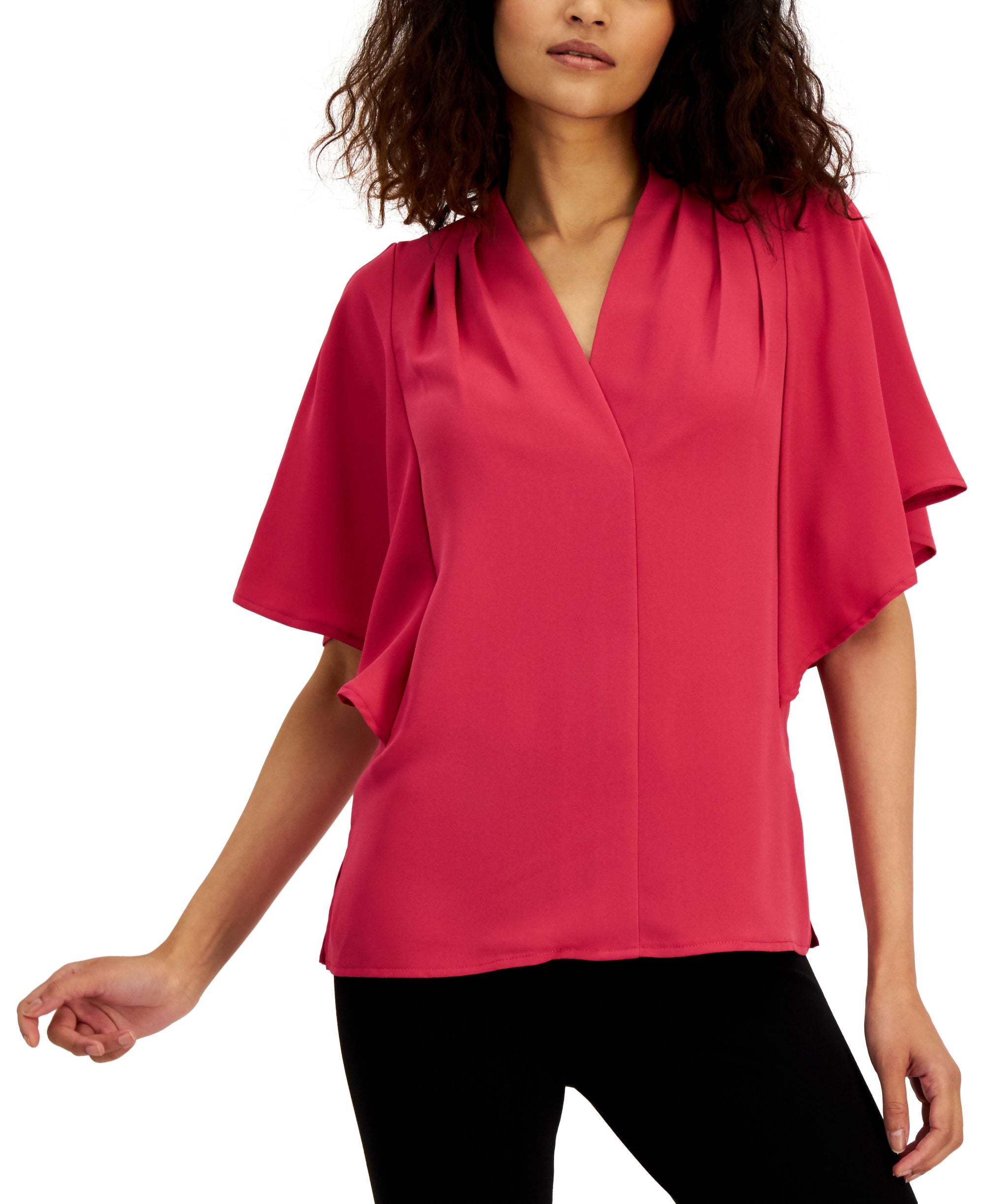 Alfani Womens Mixed Media Flutter Sleeve Top