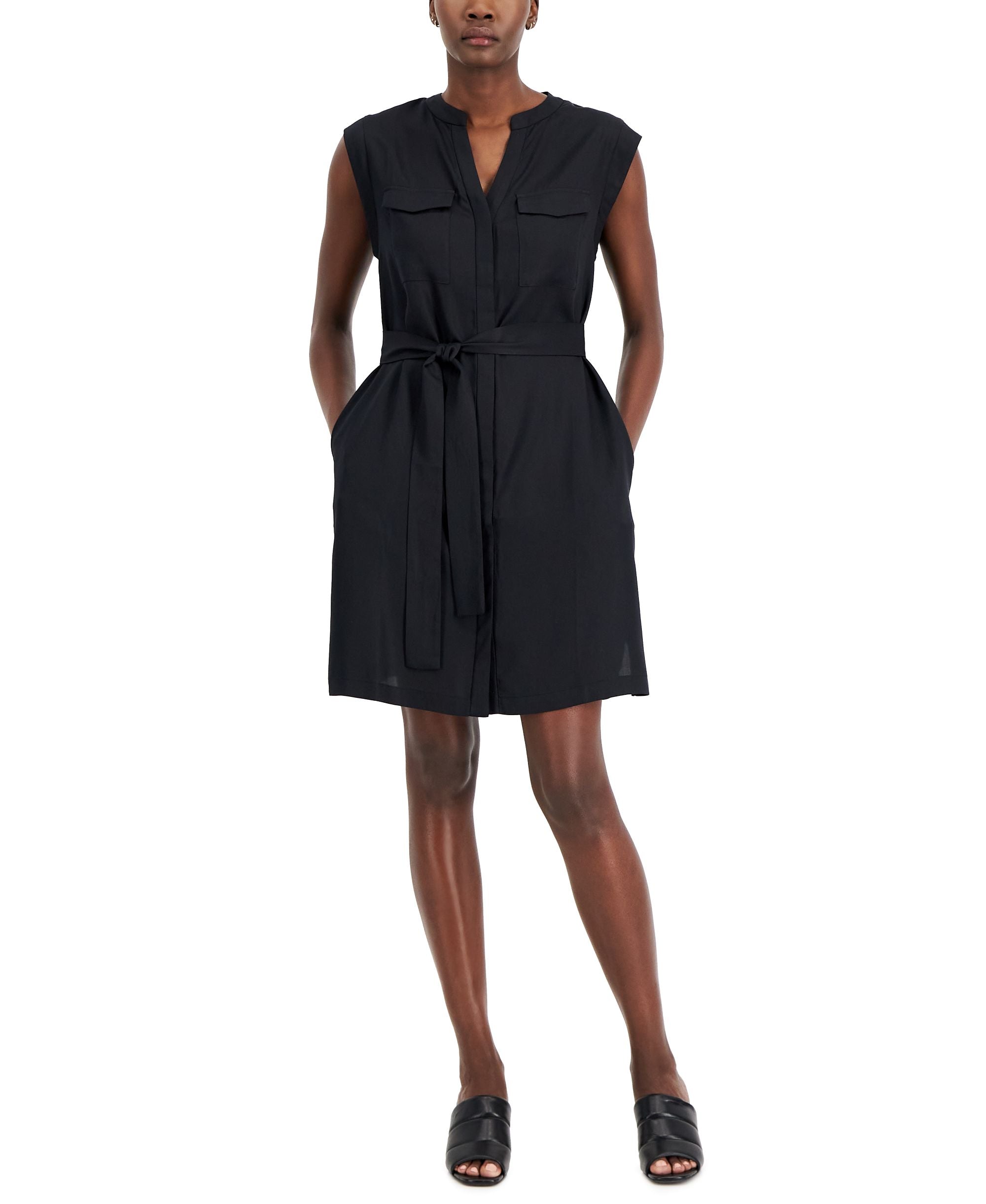Alfani Womens Split-Neck Cap-Sleeve Utility Dress