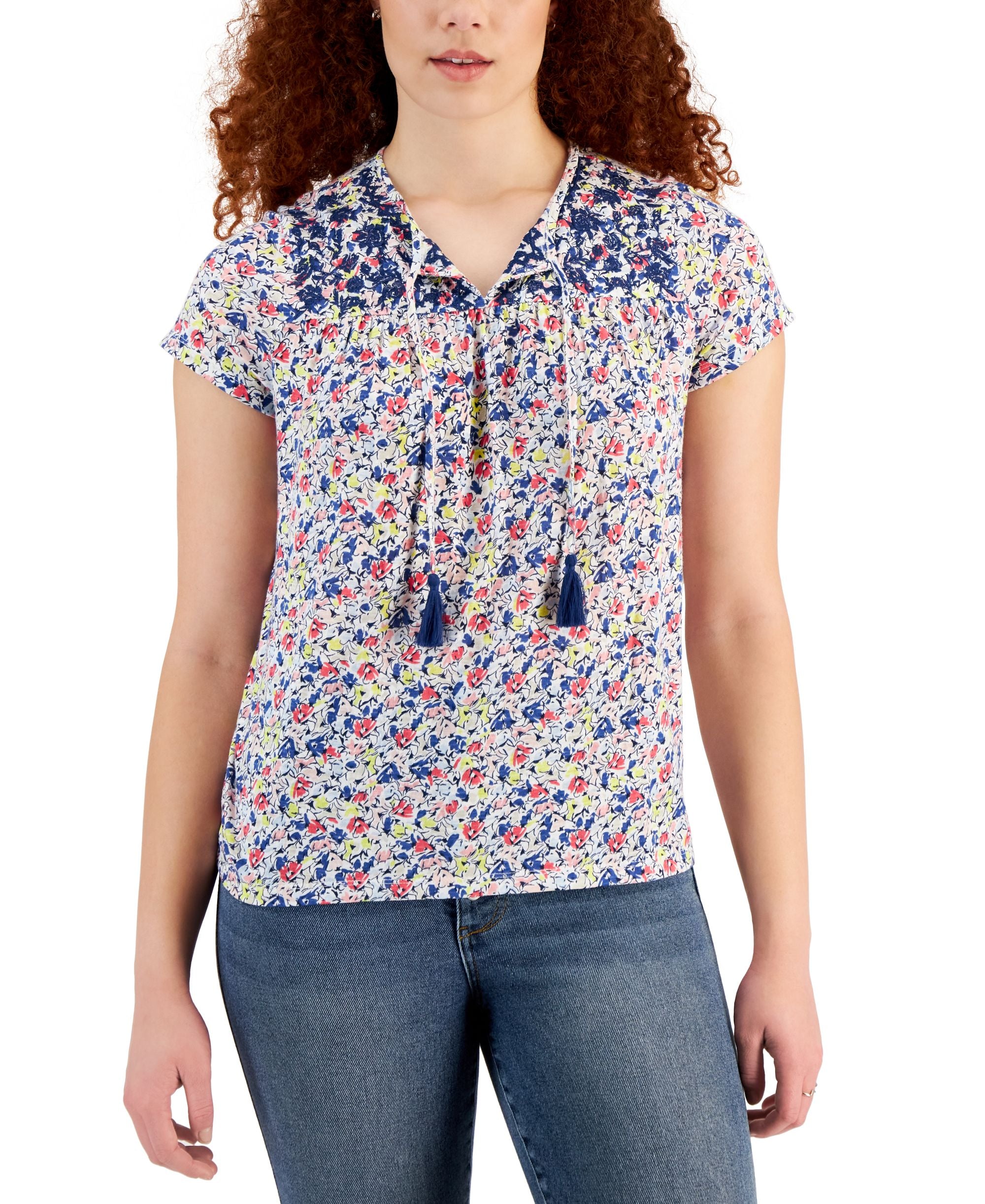 Women's Printed Embroidered Tassel-Tie Top