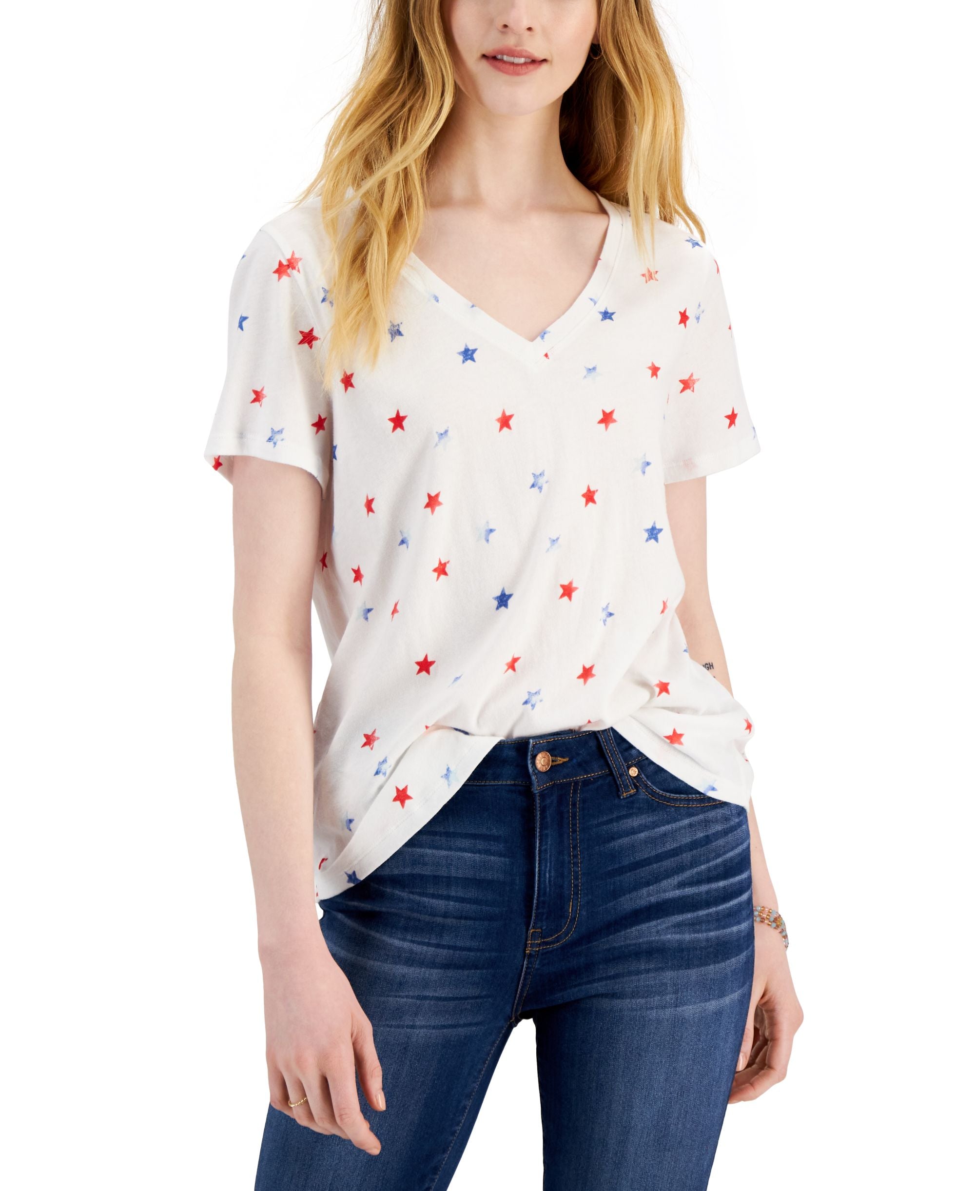Style & Co Womens Cotton Printed V Neck T-Shirt