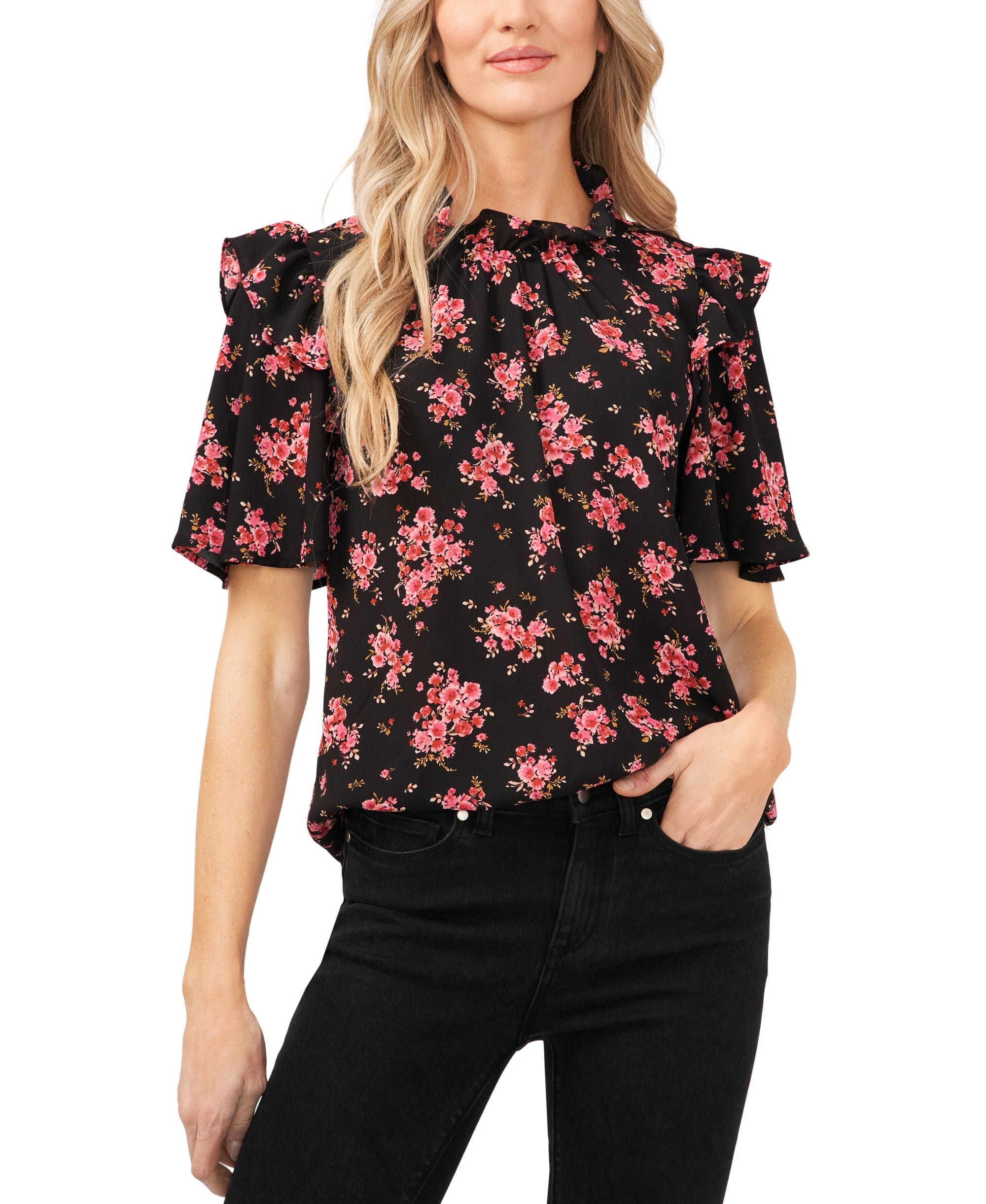 Cece Petite Blooming Floral Print Ruffled Neck Blouse