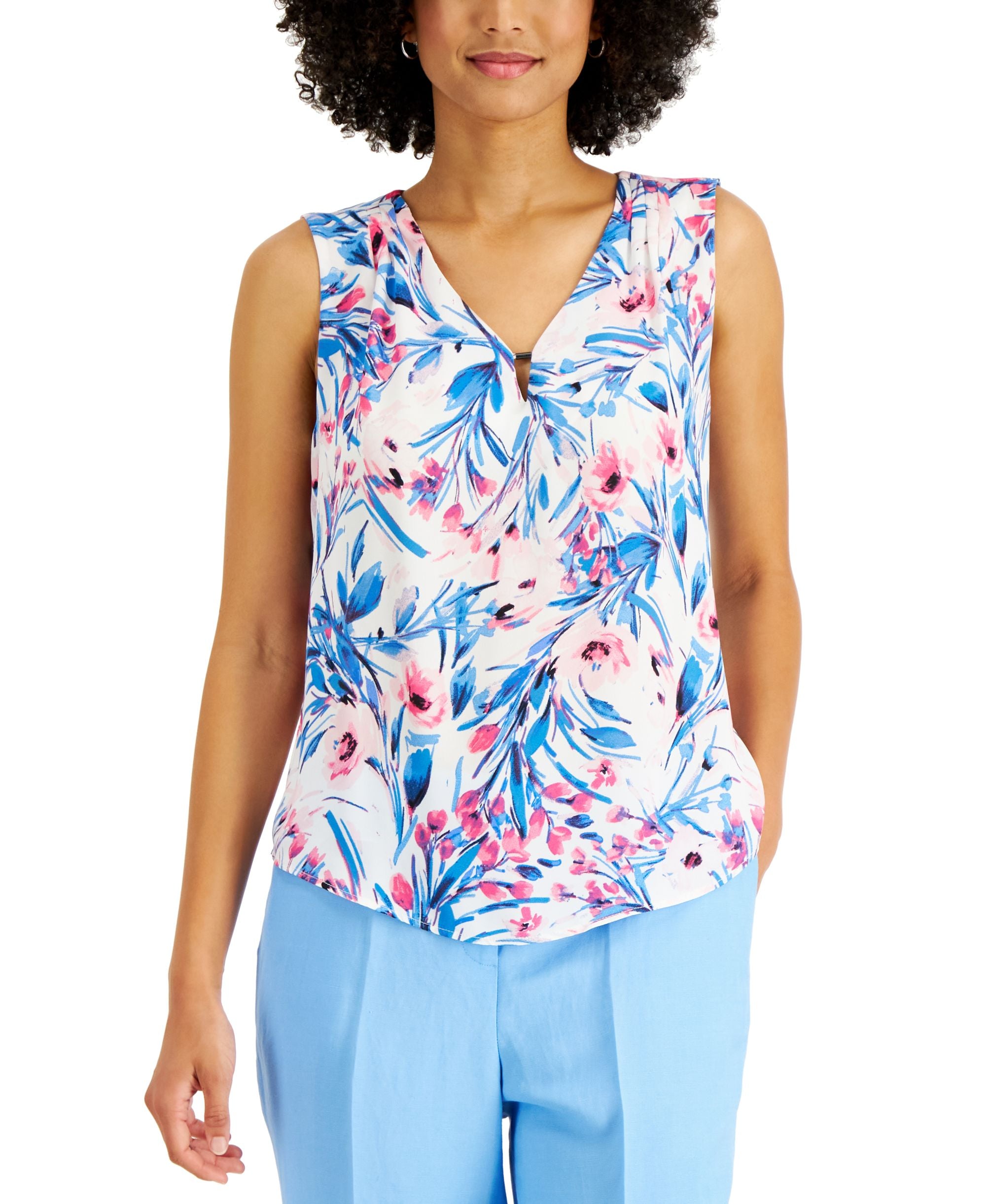 Kasper Floral Print Keyhole Top