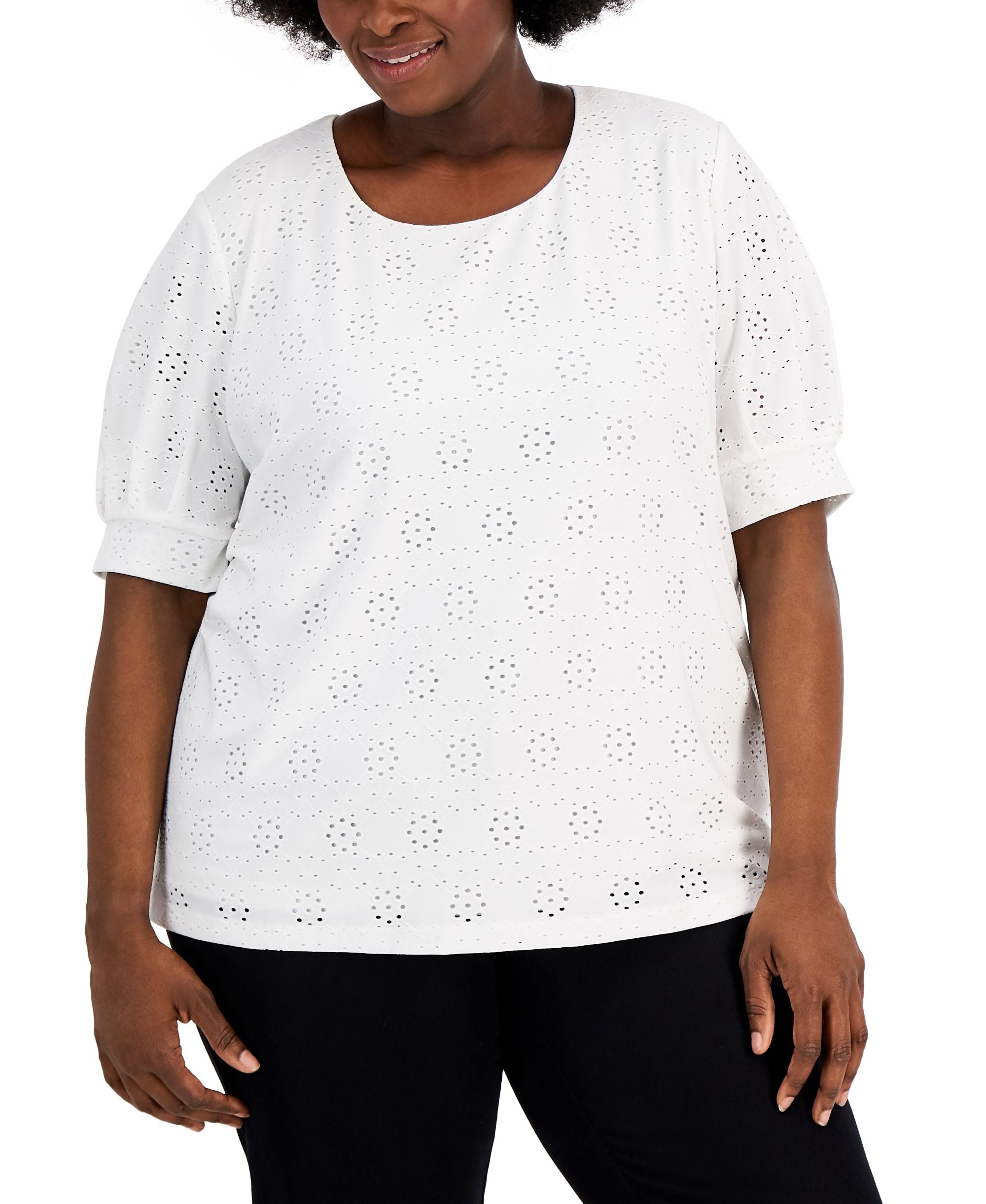 Kasper Plus Size Puffed Sleeve Eyelet Top