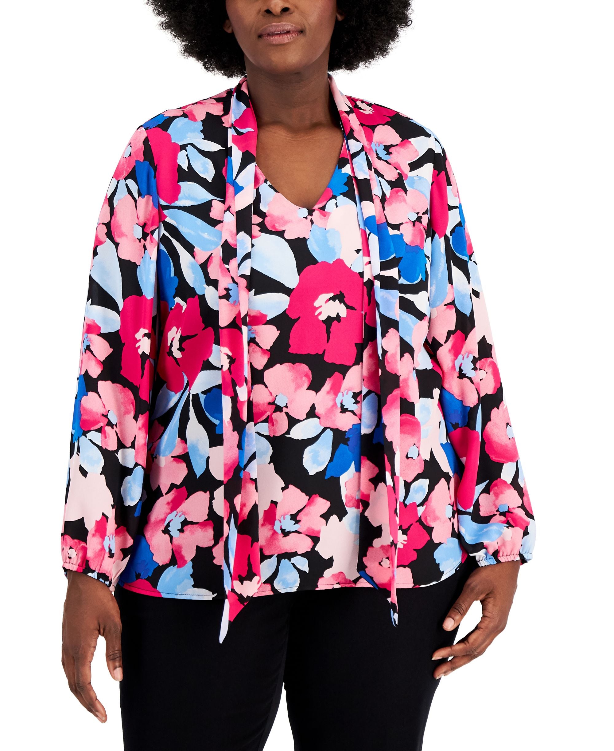 Kasper Plus Size Printed Tie Neck Top