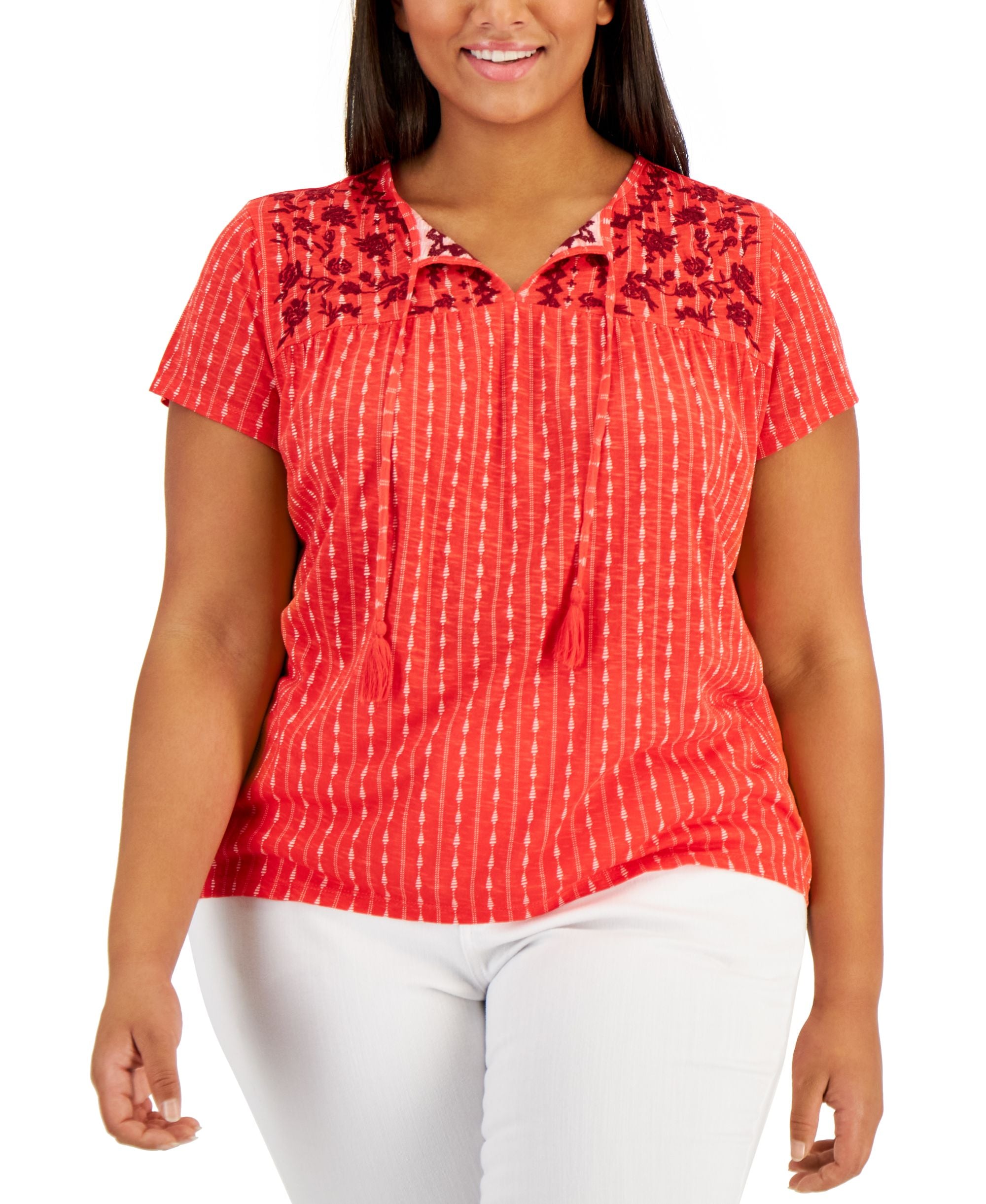 Style & Co Plus Size Split Neck Embroidered Top