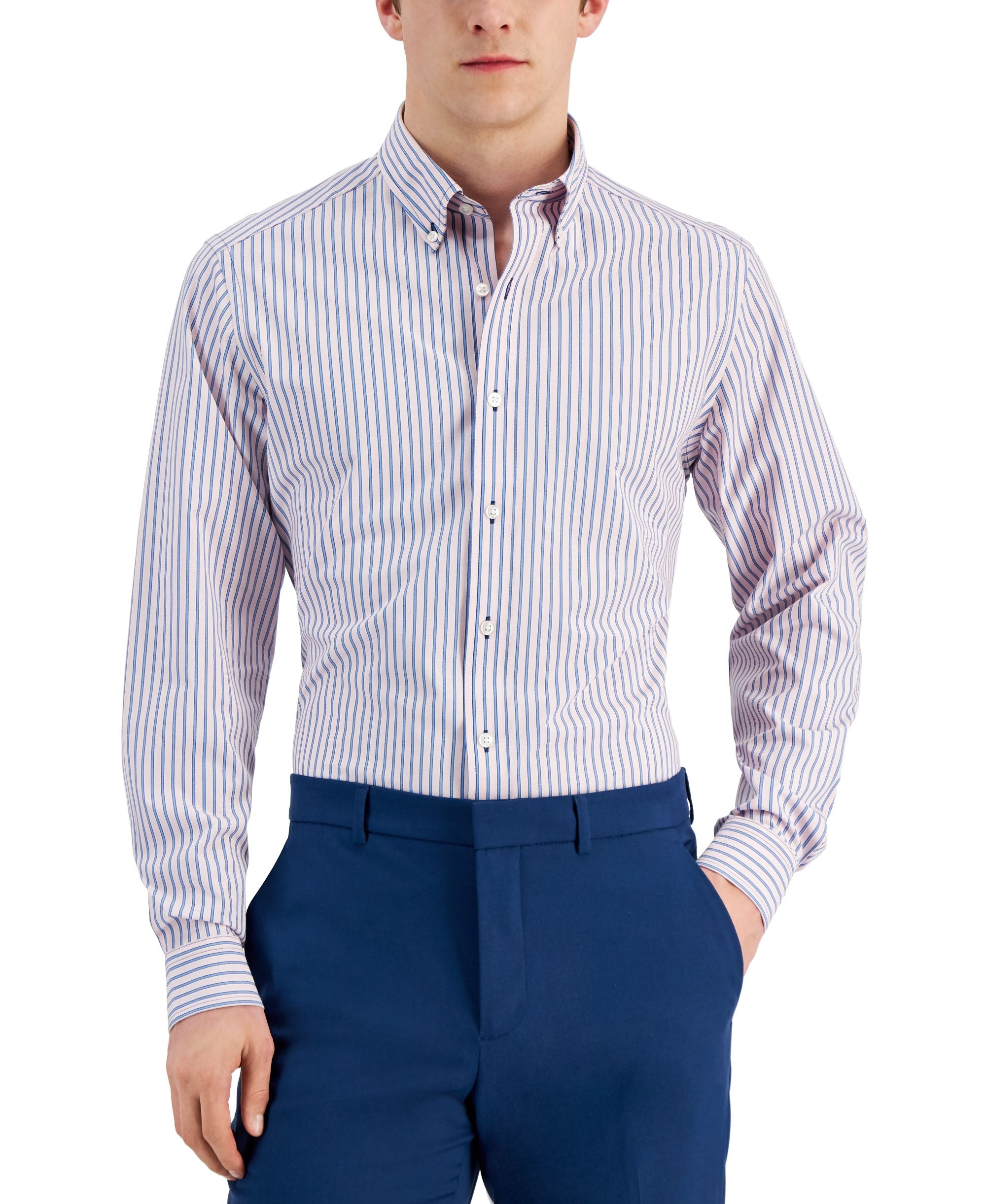 Club Room Mens Slim Fit 4 Way Stretch Stripe Dress Shirt