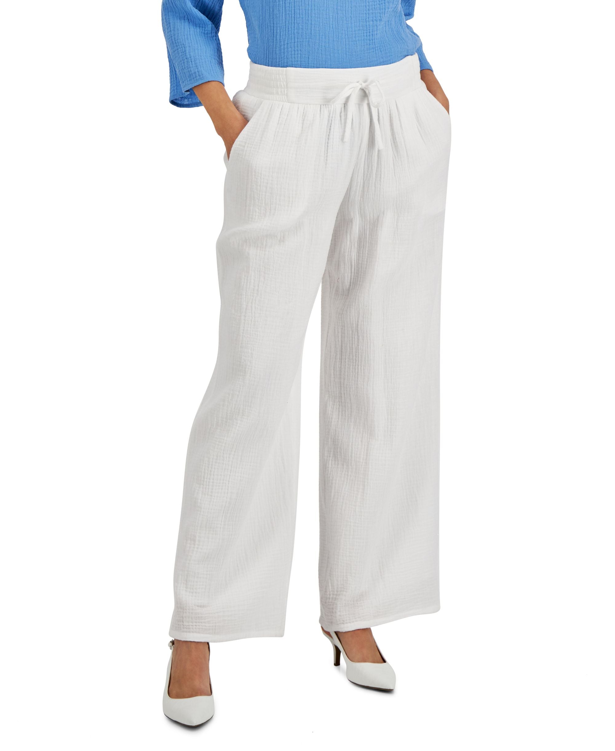 JM Collection Petite Cotton Gauze Wide Leg Pants