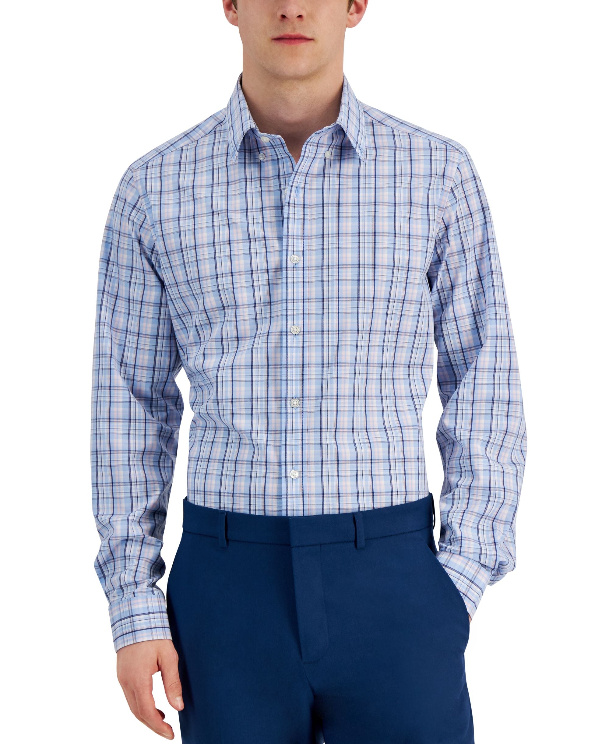 Club Room Mens Slim Fit 4 Way Stretch Plaid Dress Shirt
