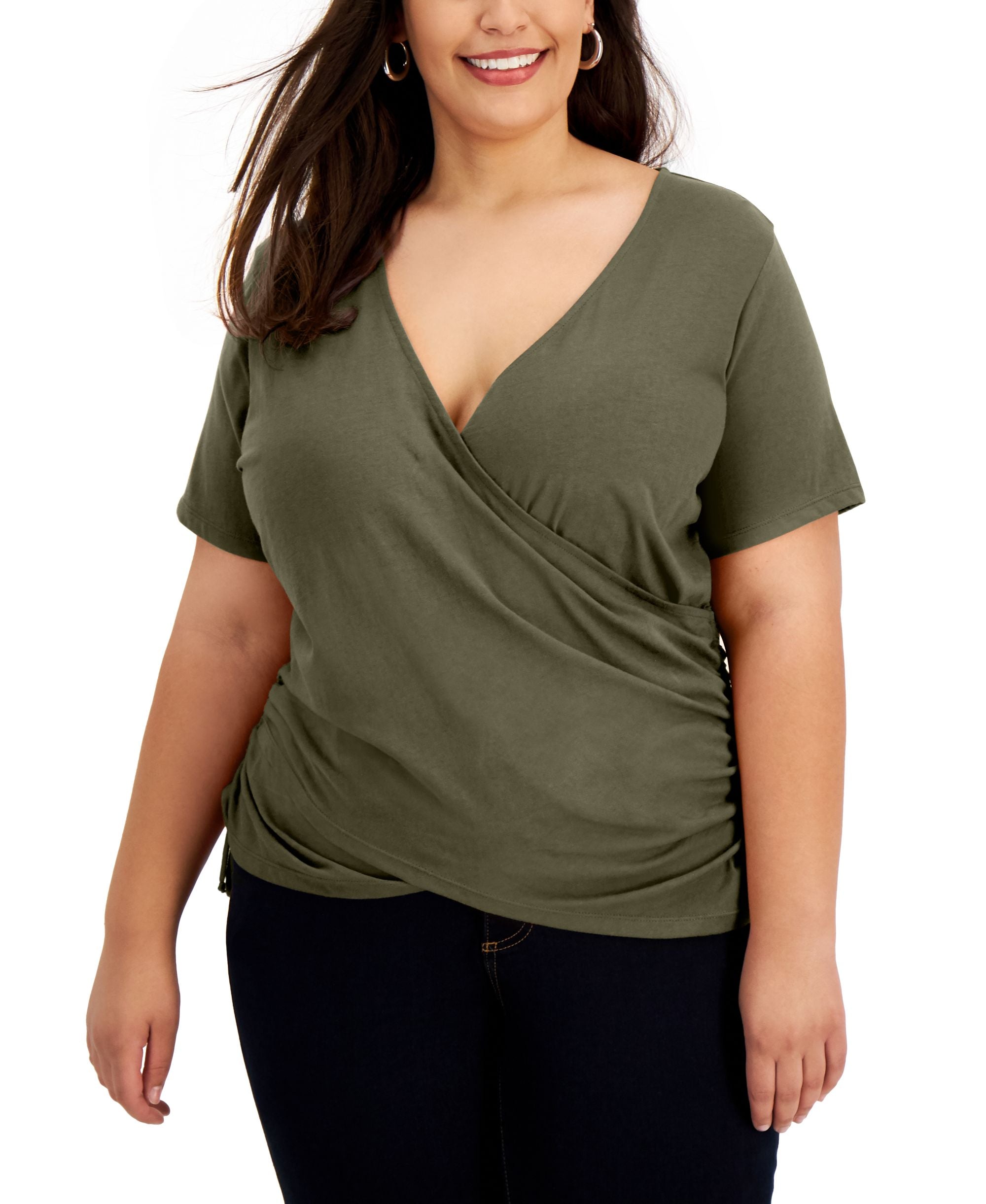INC International Concepts Plus Size Cotton Side Ruched T-Shirt