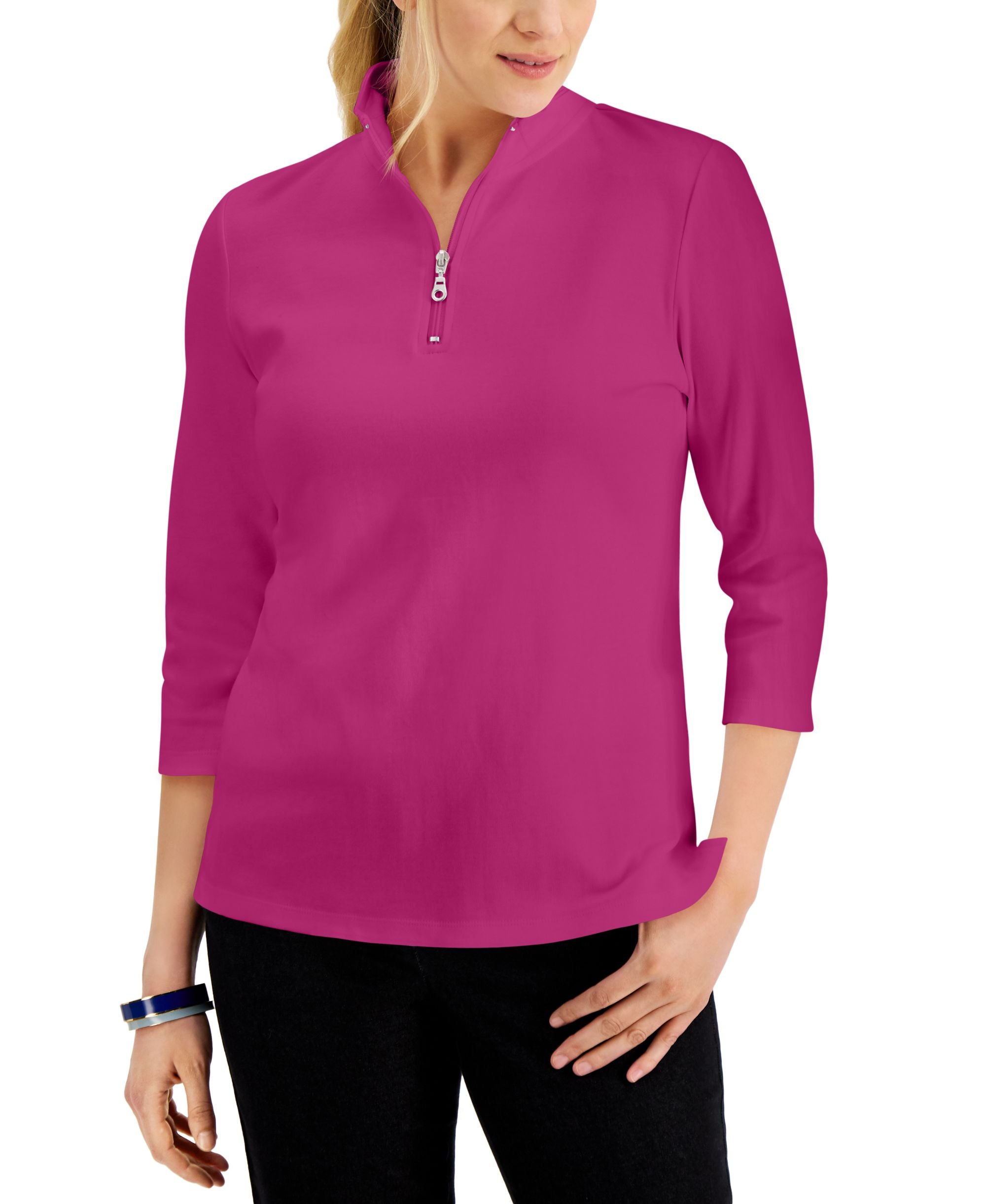 Karen Scott Cotton Zip Neck Top