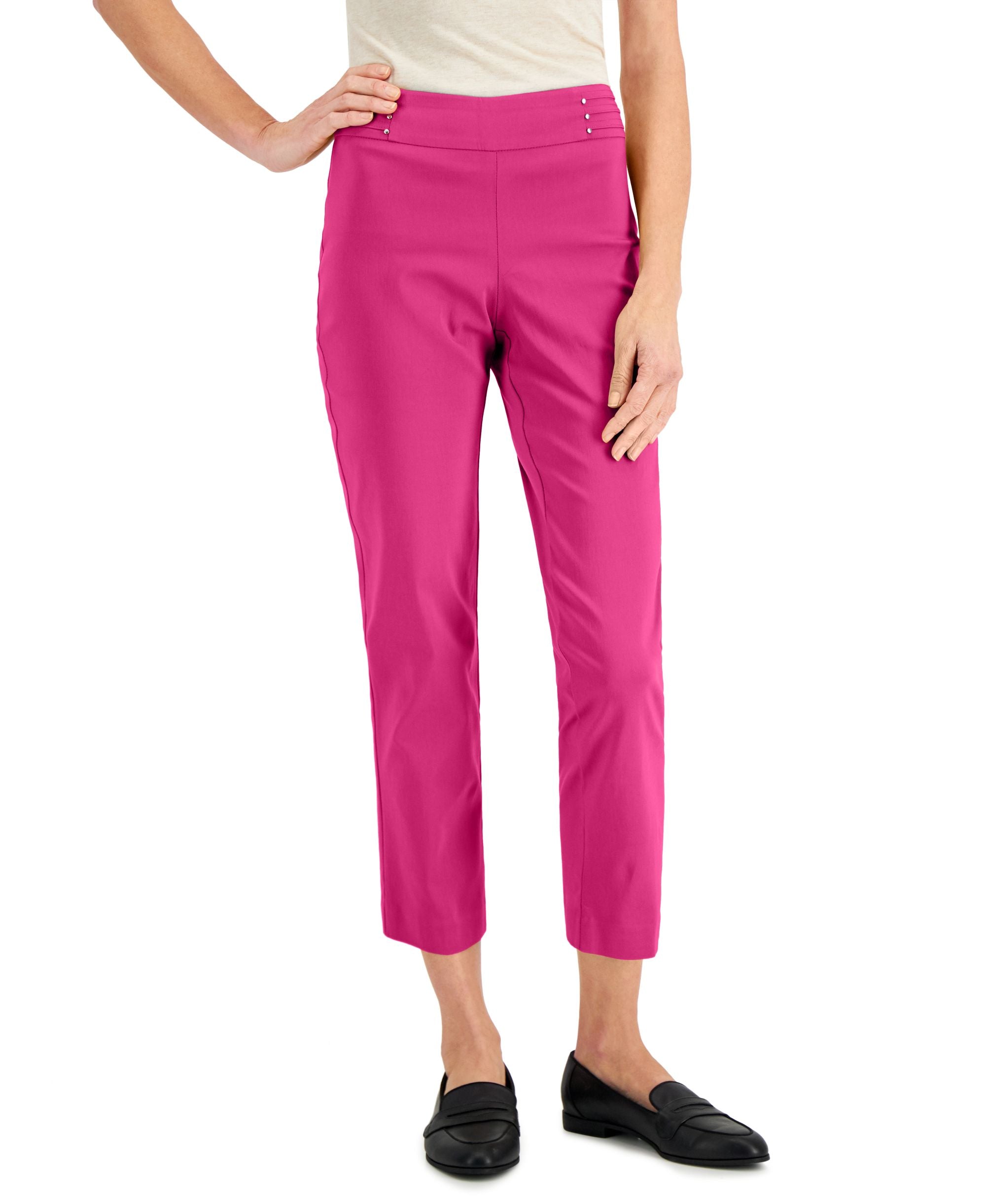 Studded-Waist Pull-On Cropped Pants