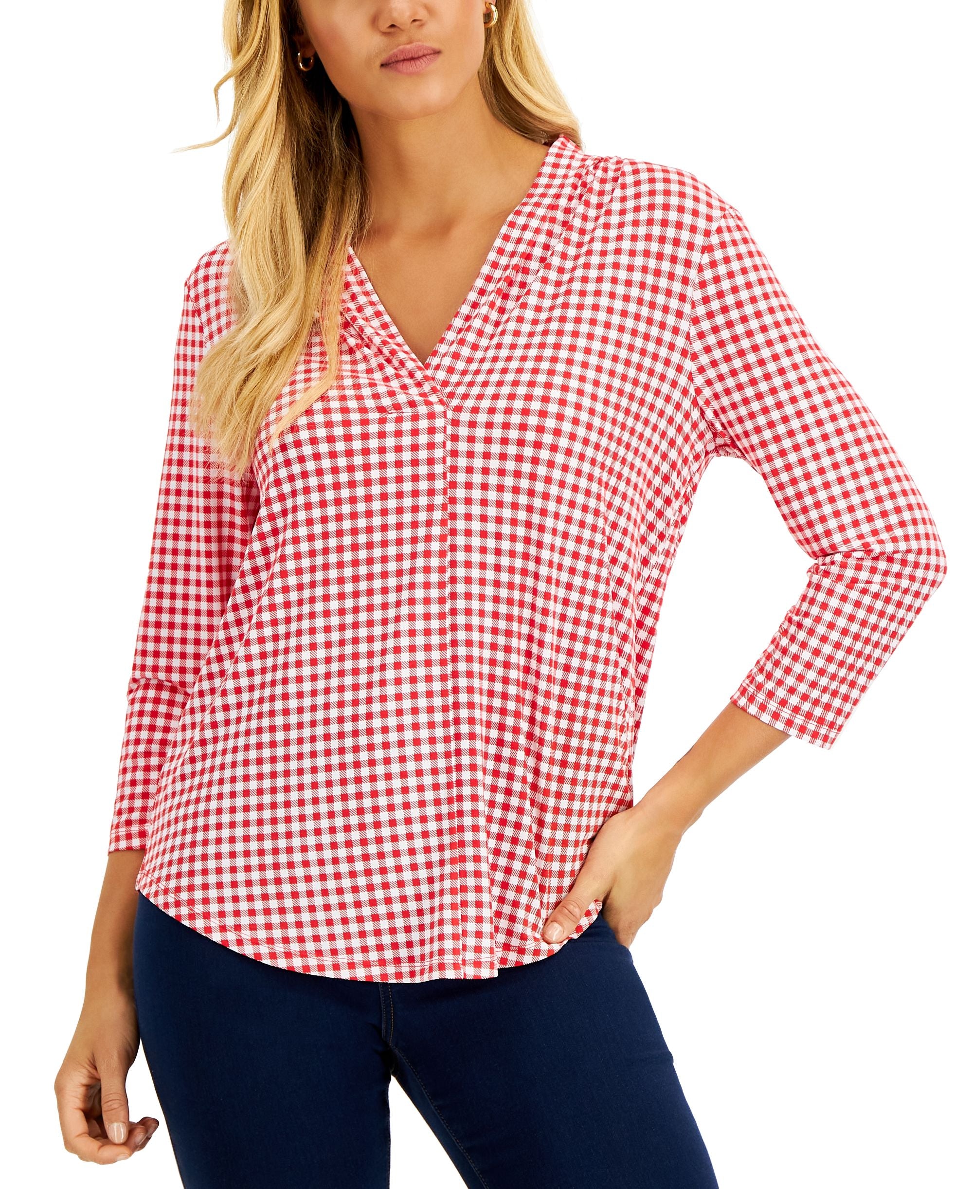 Charter Club Womens Gingham 3/4 Sleeve Top
