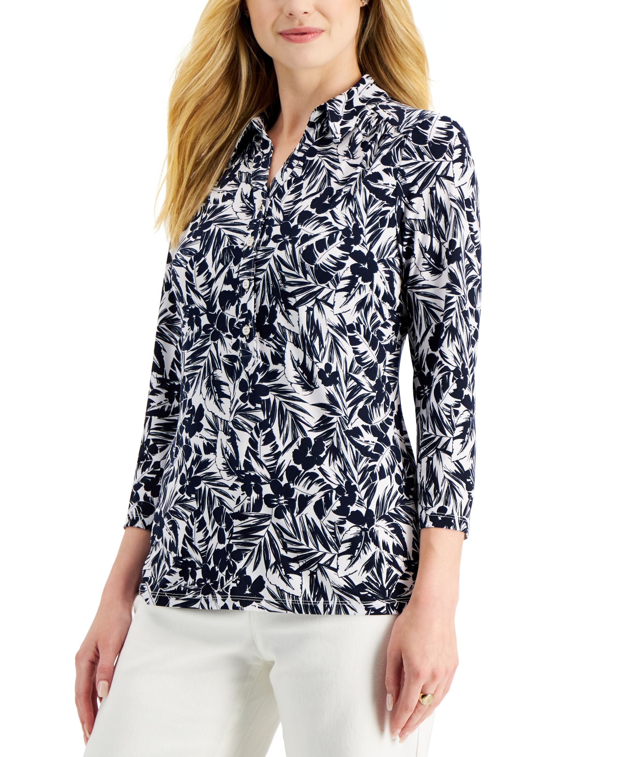 Charter Club Womens Printed 3/4 Sleeve Polo Top