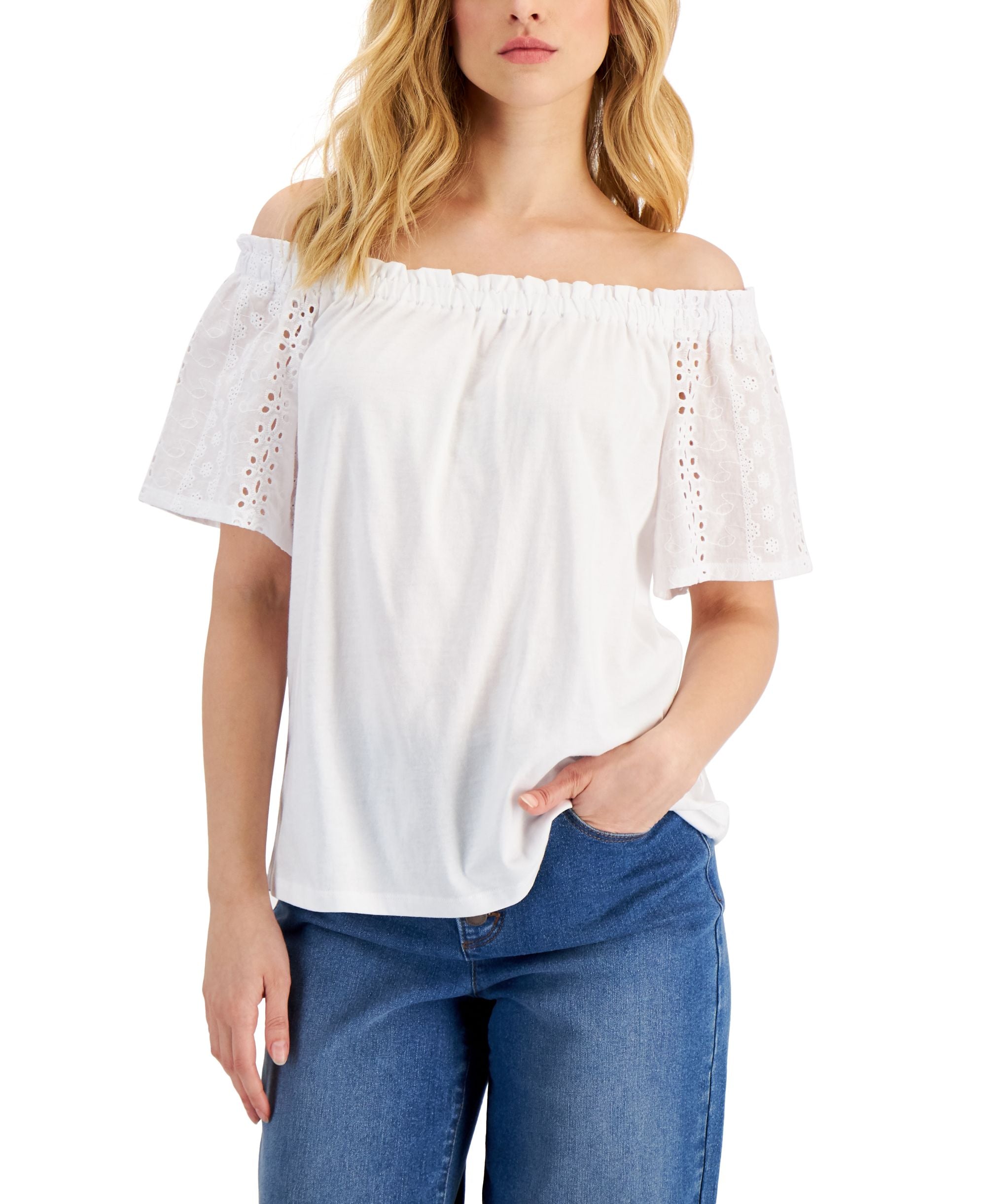 Charter Club Womens Eyelet-Sleeve Off-The-Shoulder Top