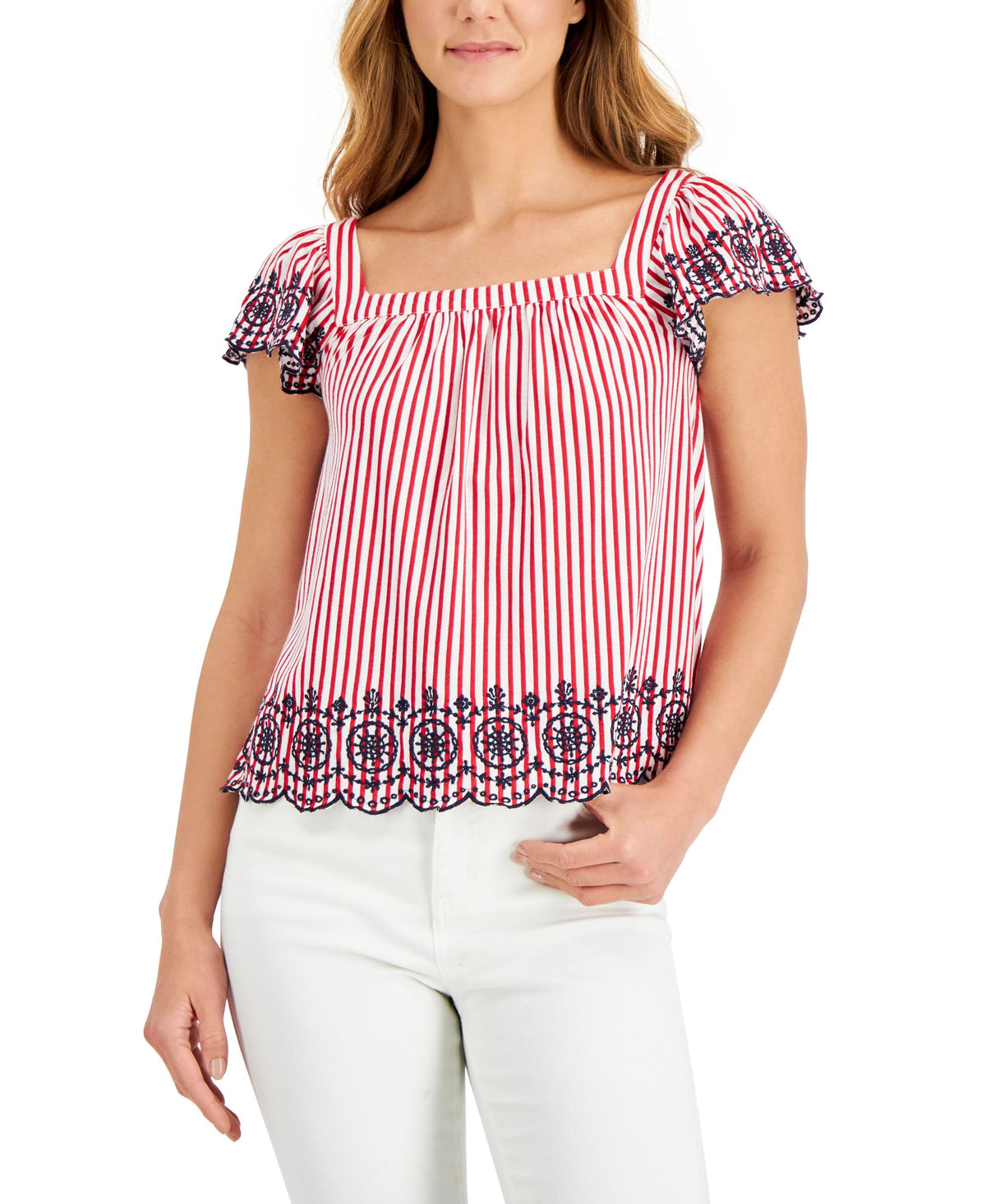 Charter Club Womens Striped Square Neck Top