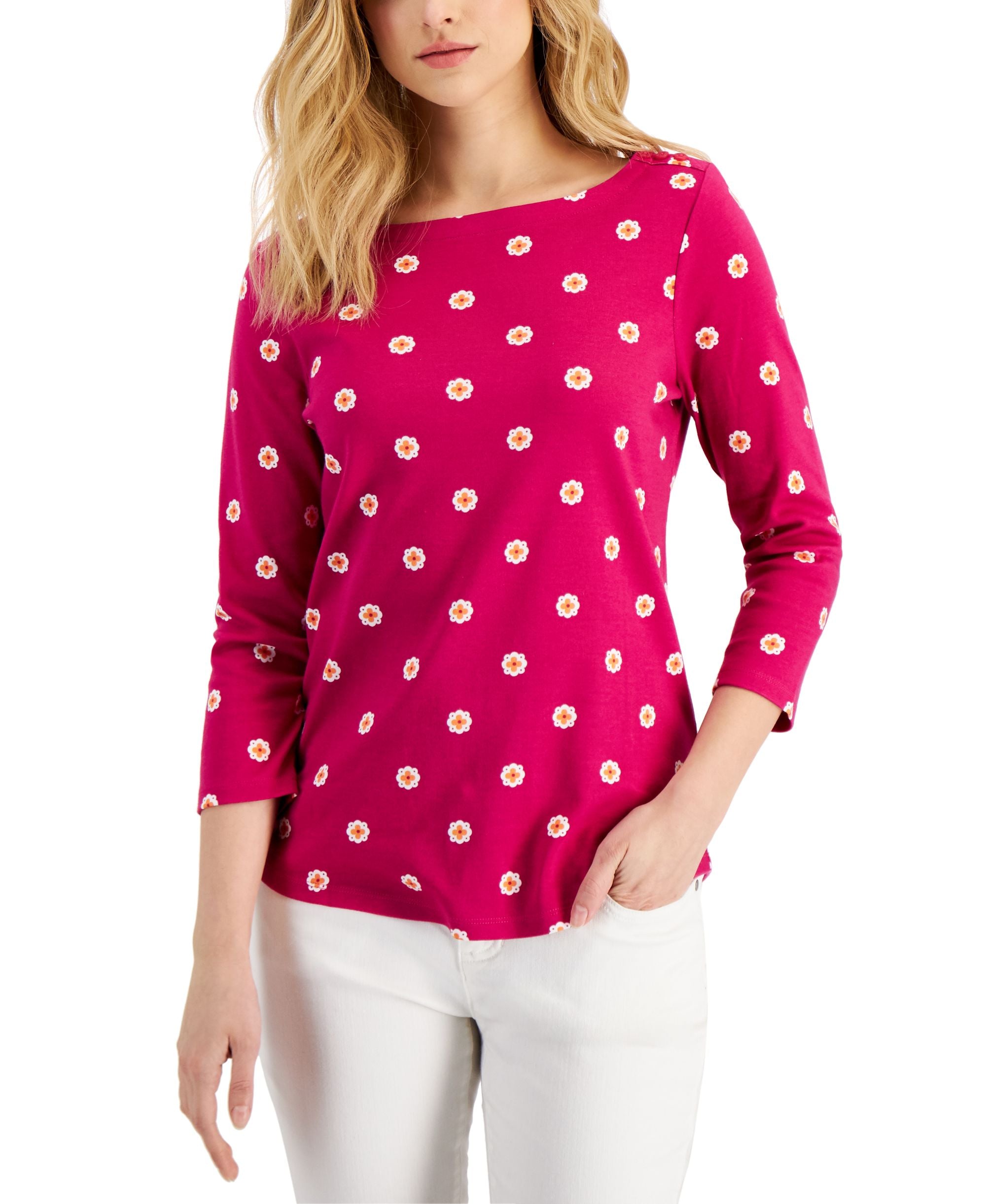 Charter Club Womens 3/4 Sleeve Iconic Dot Print Top