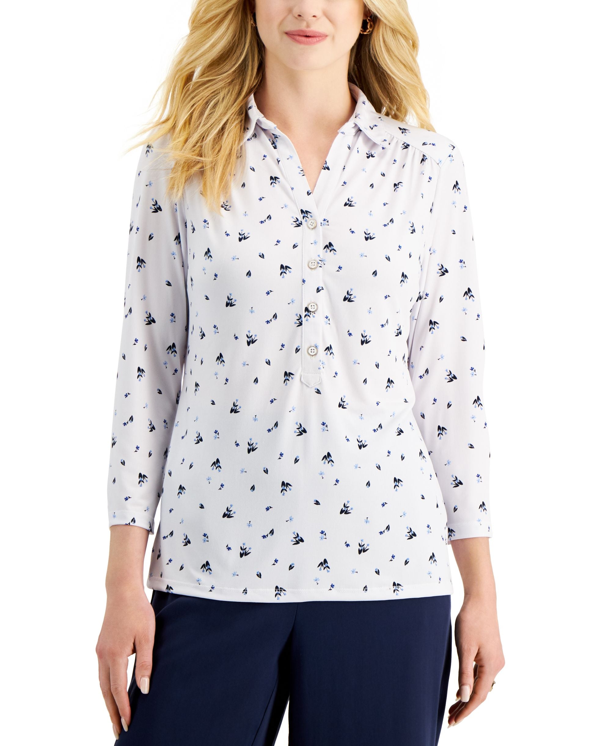 Charter Club Womens Printed 3/4 Sleeve Polo Top