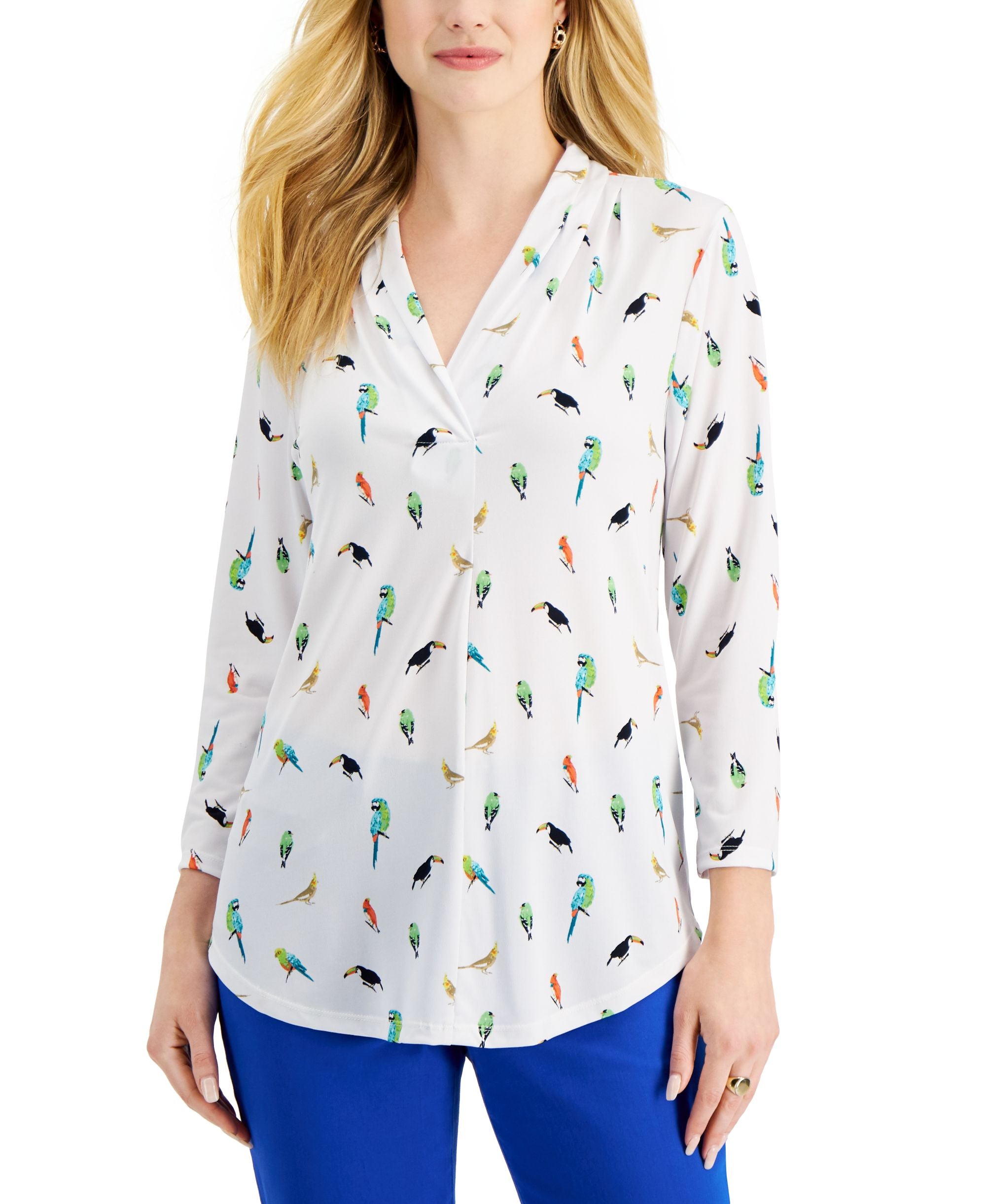 Charter Club Womens Printed Pleat Neck Top