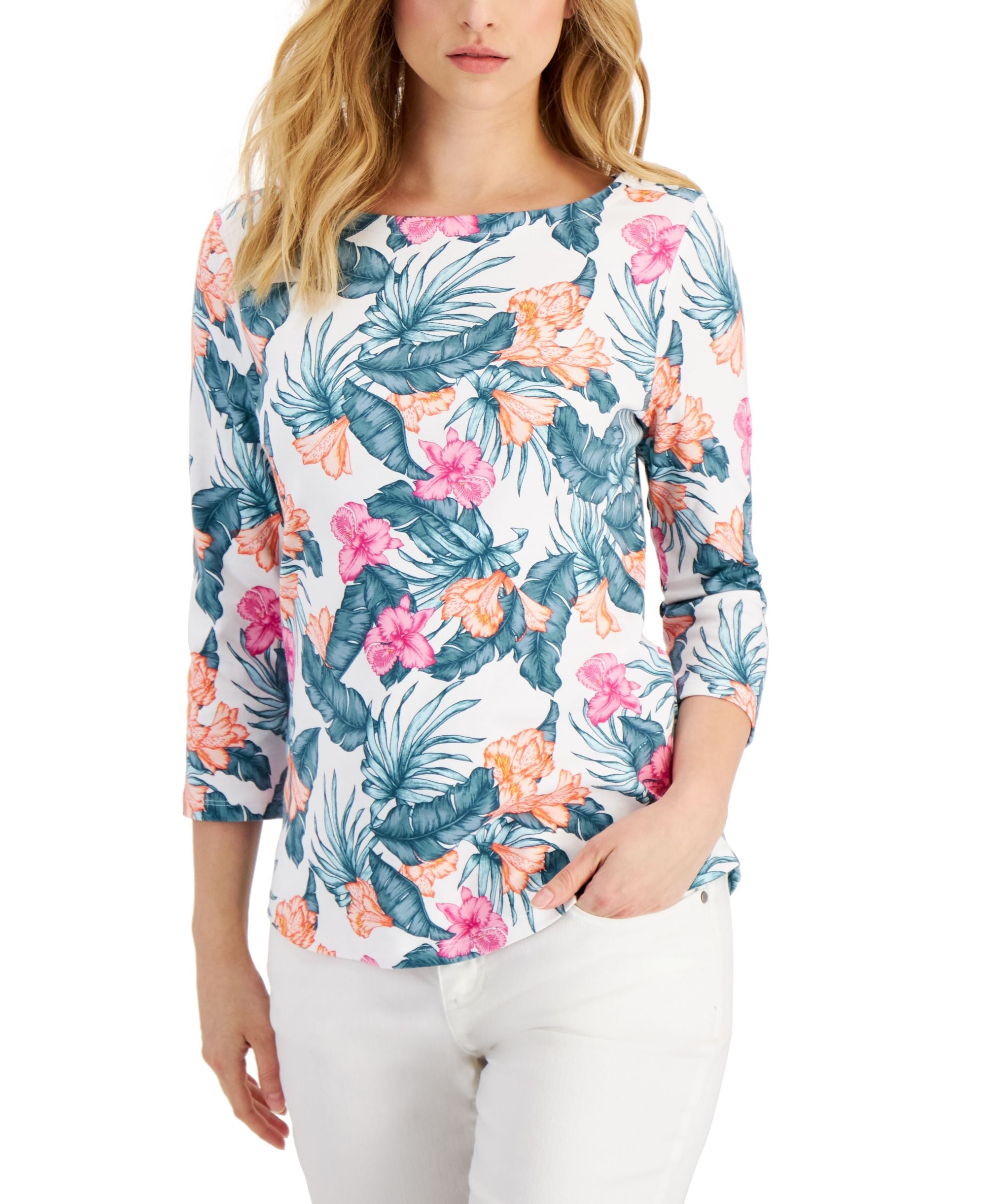 Charter Club Womens 3/4 Sleeve Tropical Print Top